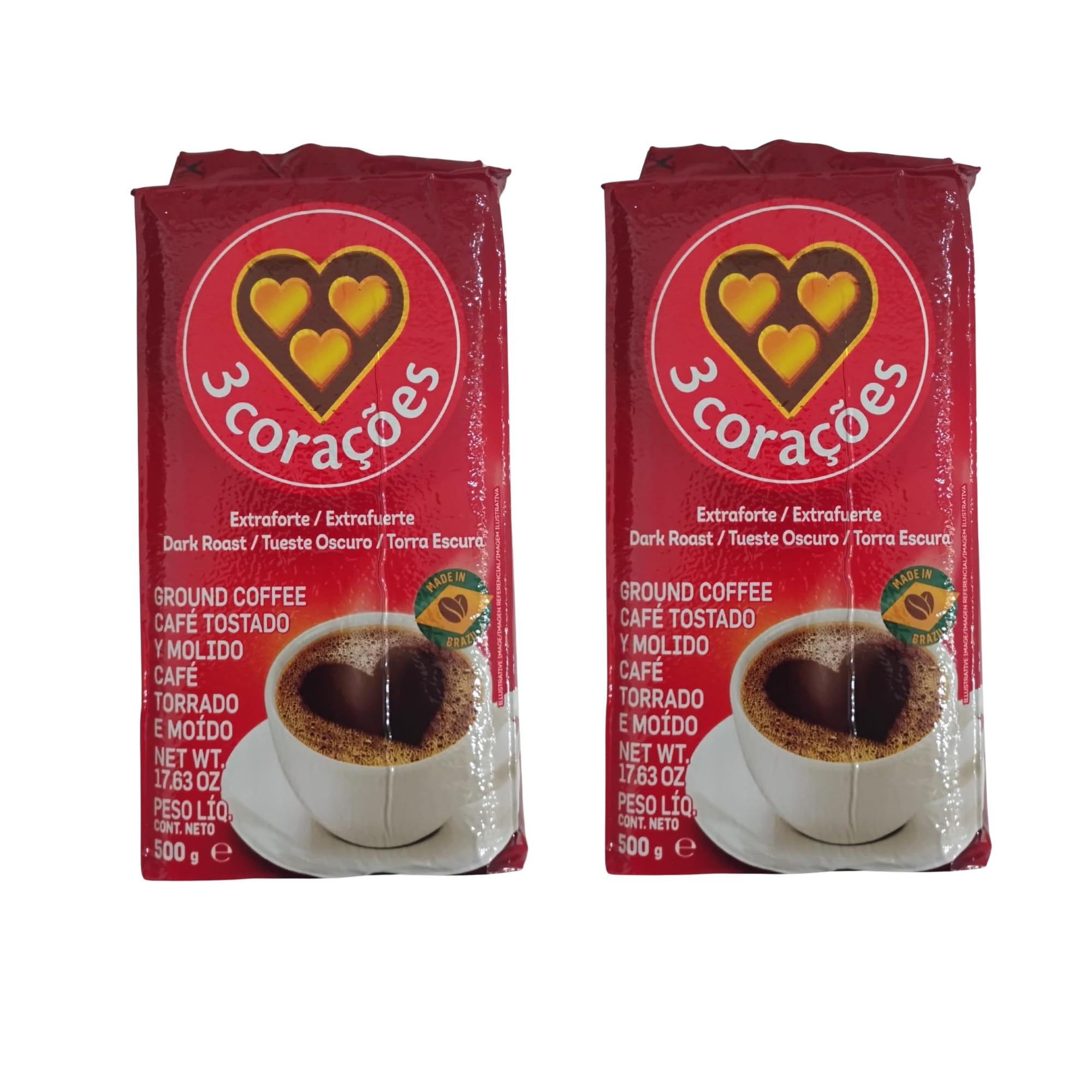 3 Coracoes ExtraForte Brazilian Ground Coffee - 17.6 ounce - Vacuum Sealed Pack of 2 - Fine Ground Coffee Dark Roast - Naturally Processed for Unique Flavor, Aroma, and Full Body Texture