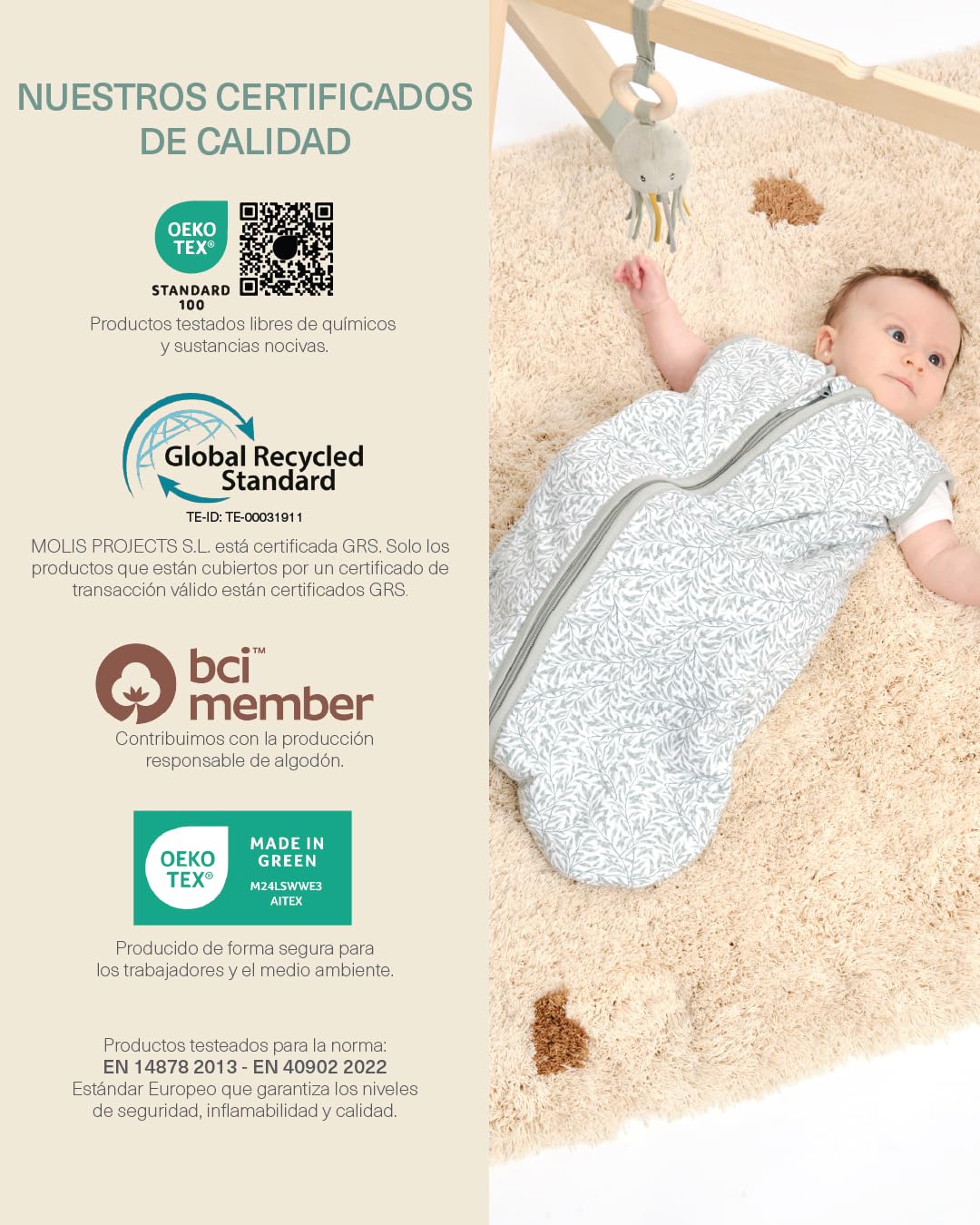 molis&co - Saco Dormir Bebé TOG 1-85 cm (6-18 Meses) - Saco Dormir Bebe Primavera y Otoño sin Mangas - Saco de Dormir Bebe para Niños Niñas (Unisex) - 100% Algodón (Oeko-Tex) - Ines II — view 7