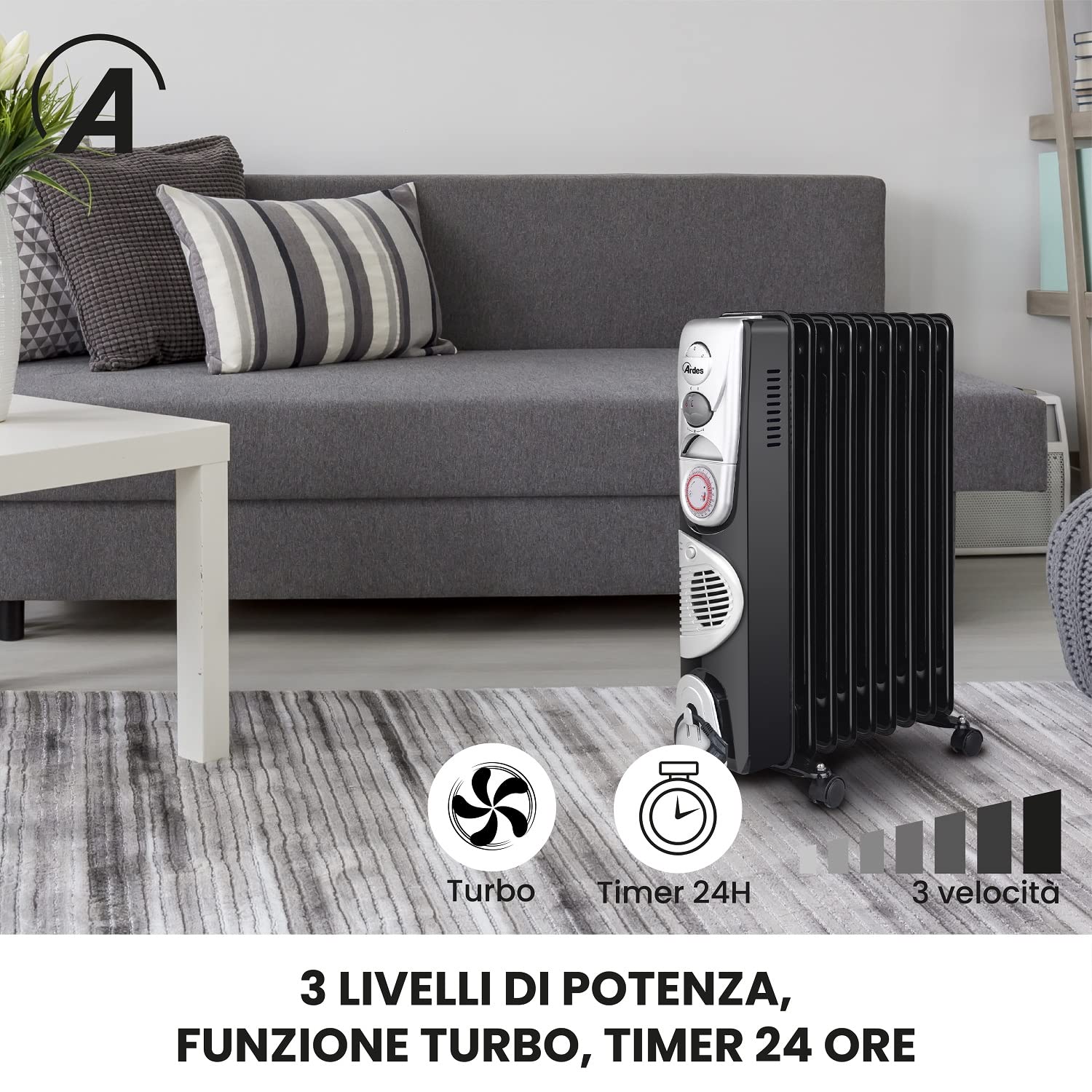 ARDES OILO9 TURBO TIME Radiador de aceite 2400 W con 9 elementos, función turbo 400 W, timer 24 h y cobertura 70 m³ para calefacción de bajo consumo | 400 W, temporizador 24 h y cobertura 70 m³ para calefacción de bajo consumo
