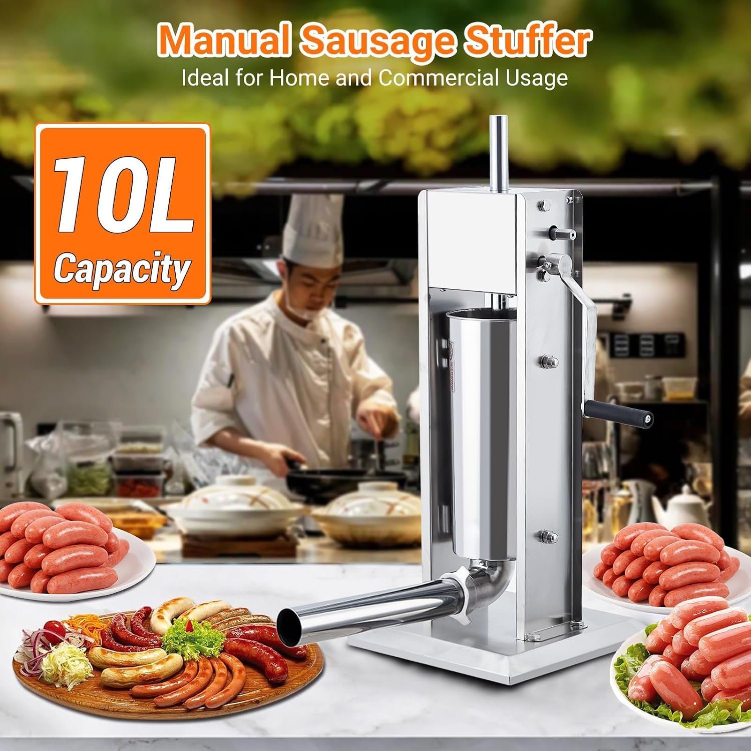 Manual Stainless Steel Sausage Maker, 10L Capacity Meat Stuffer with Dual Speed and 5 Stuffing Tubes, Heavy Duty Sausage Filler for Home Kitchen and Commercial Use