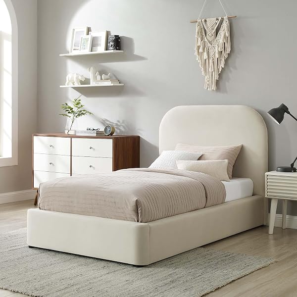 Modway Keynote Modern Bed Frame with Curve Shaped Headboard in Alabaster, Upholstered in Performance Velvet, Platform Be