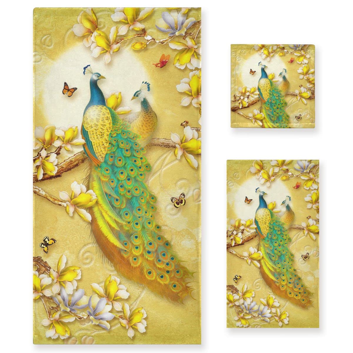 ALAZA Bath Towels Set of 3, Microfibre Towel Bathroom Linen Golden Peacock Towels Set Gift with 1 Face Towel 1 Hand Towel 1 Bath Towel Sheet, Absorbent Bathroom Accessories โ image 1