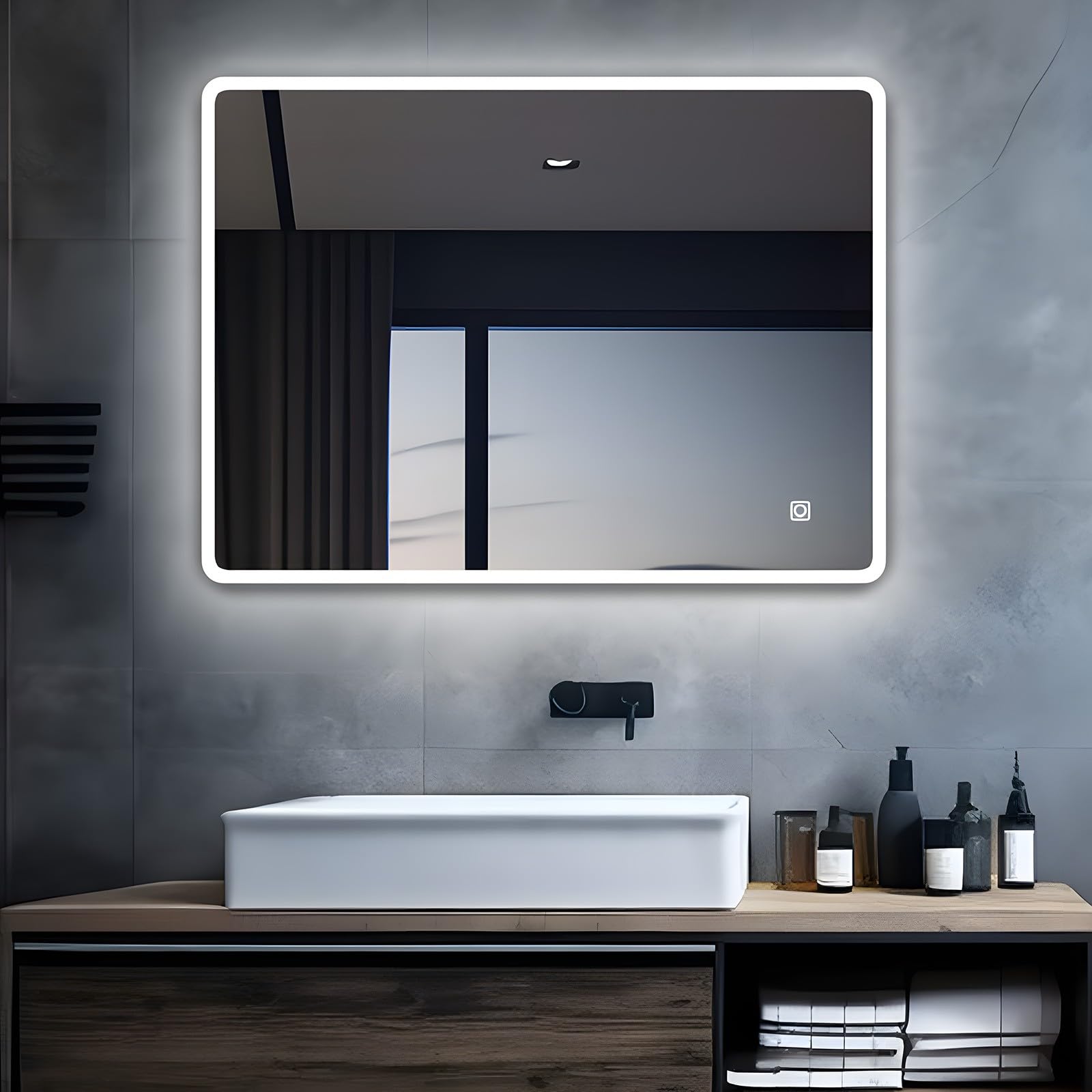 MIQU Specchio da Bagno a LED con Luce 1200 x 700 mm Grande da Parete Montato Appeso Illuminato Specchio Rettangolare con Luce Fredda, Anti-Appannamento e Interruttore Touch per Soggiorno, Bagno