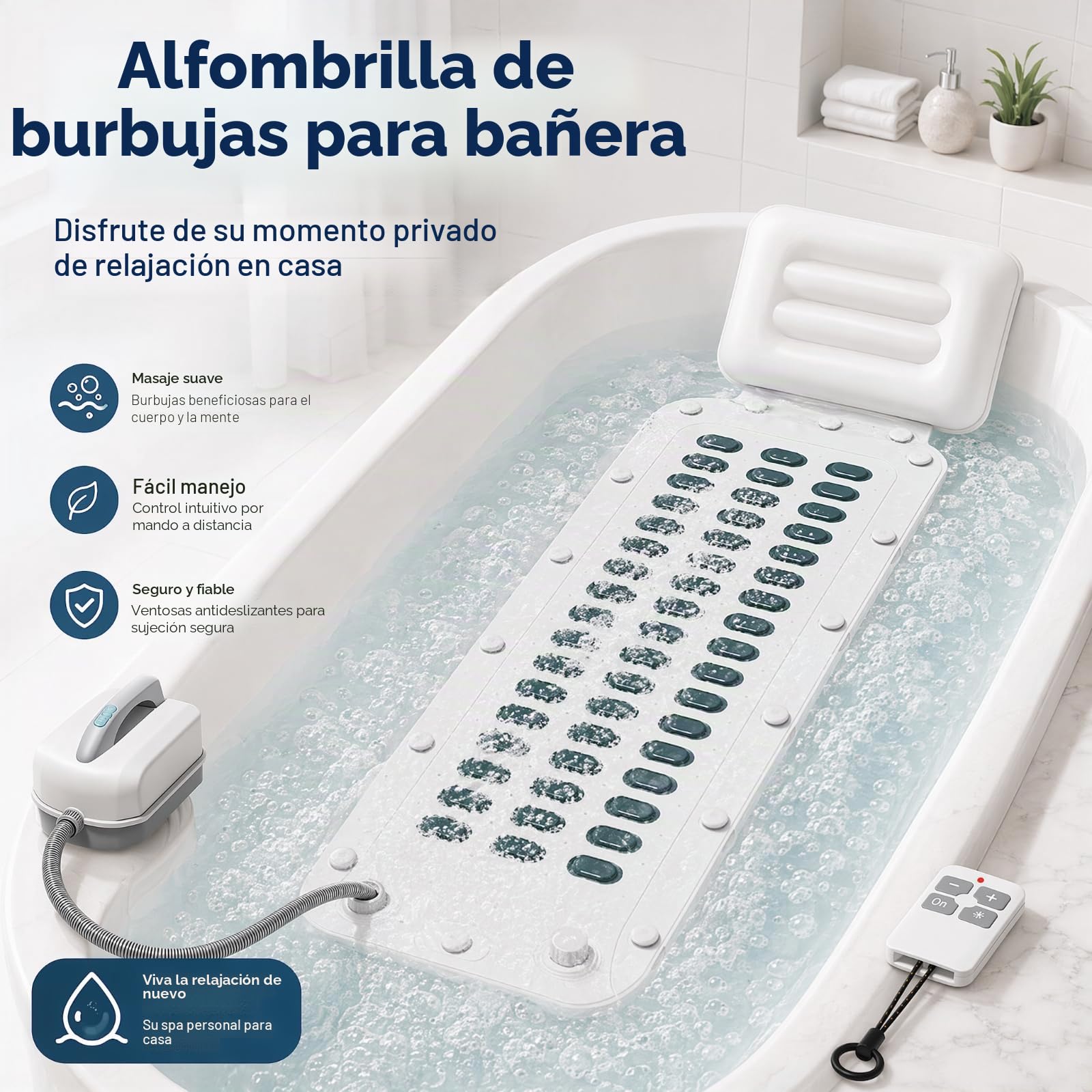 Alfombrilla de baño de spa con burbujas, alfombrilla de bañera de hidromasaje con cojín, ventosas antideslizantes, masajeador portátil con 6 burbujas de velocidad para relajación en el hogar