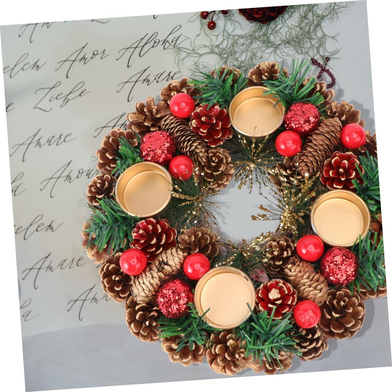 GALPADA Christmas Candleholder with Handmade 27cm Garland Wreath, Unique Desktop Decor for Holiday Home, Practical Festive Candlestick Ornament