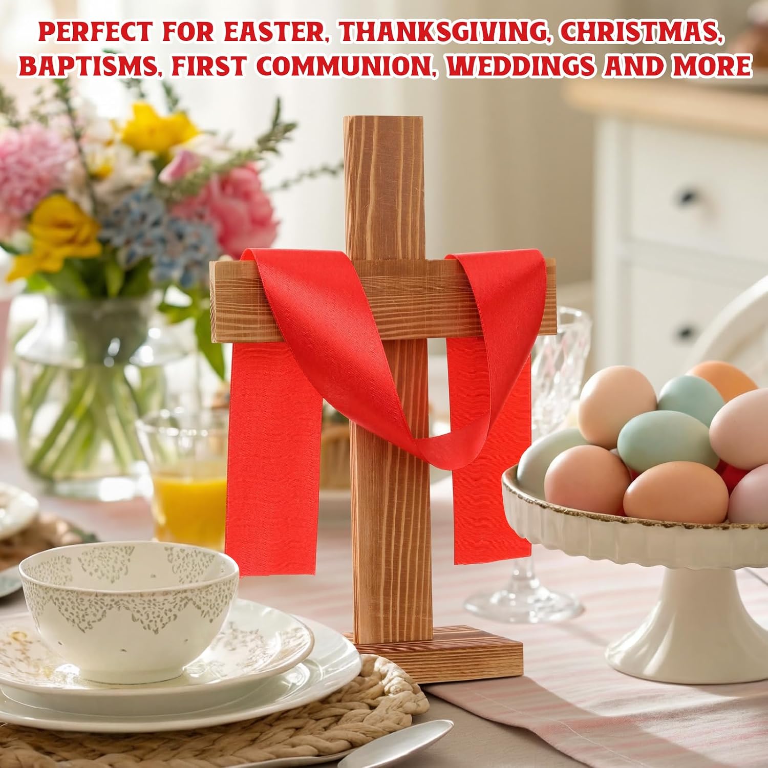 Qunclay 3 Pcs Rustic Pine Wood Cross Decor, 11.8" Standing Wooden Crosses Tabletop Centerpiece for Christian Home Decor, Baptism, First Communion, Church & Wedding (Red)