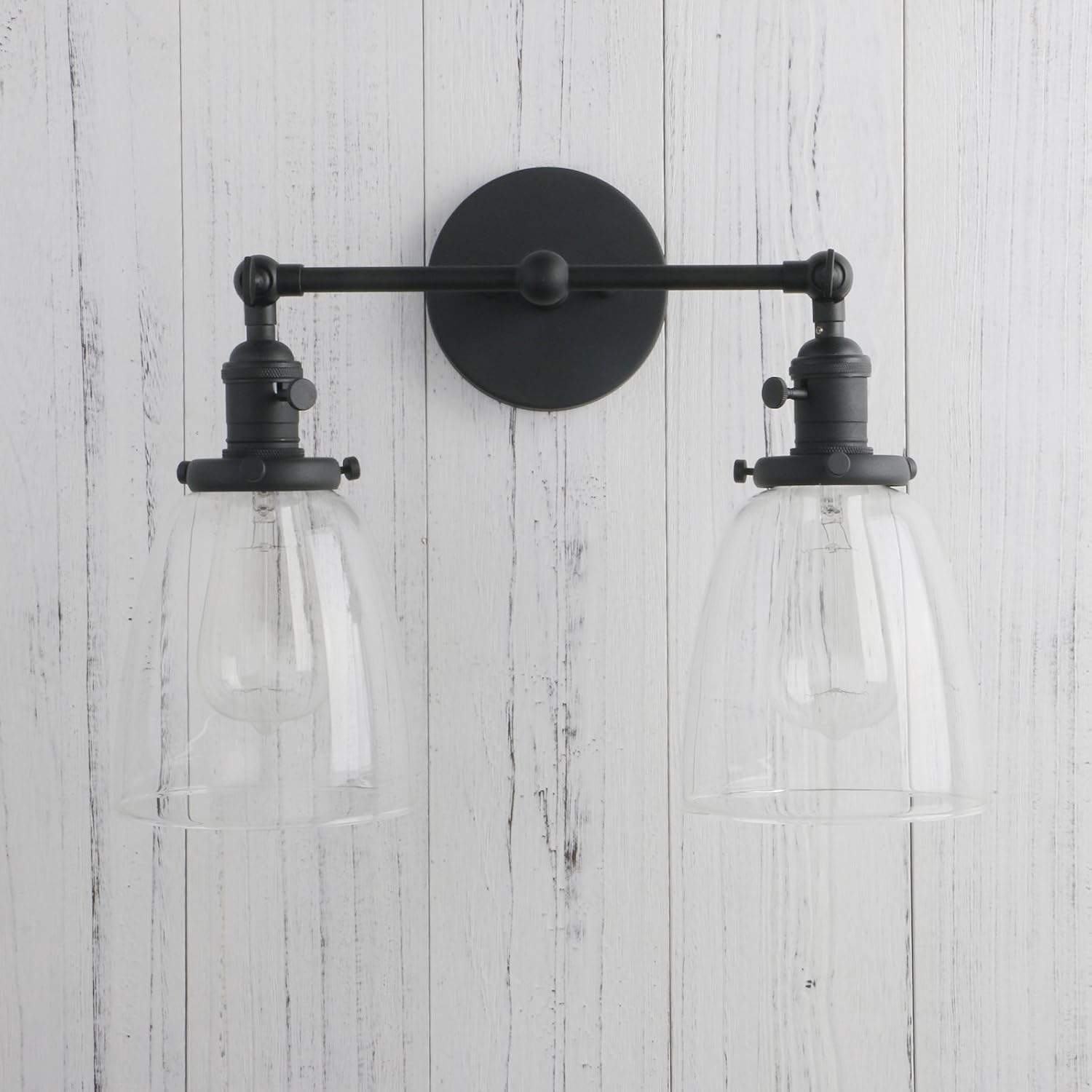 Permo Double Sconce Vintage Industrial Antique 2-Lights Wall Sconces with Oval Cone Clear Glass Shade (Black)