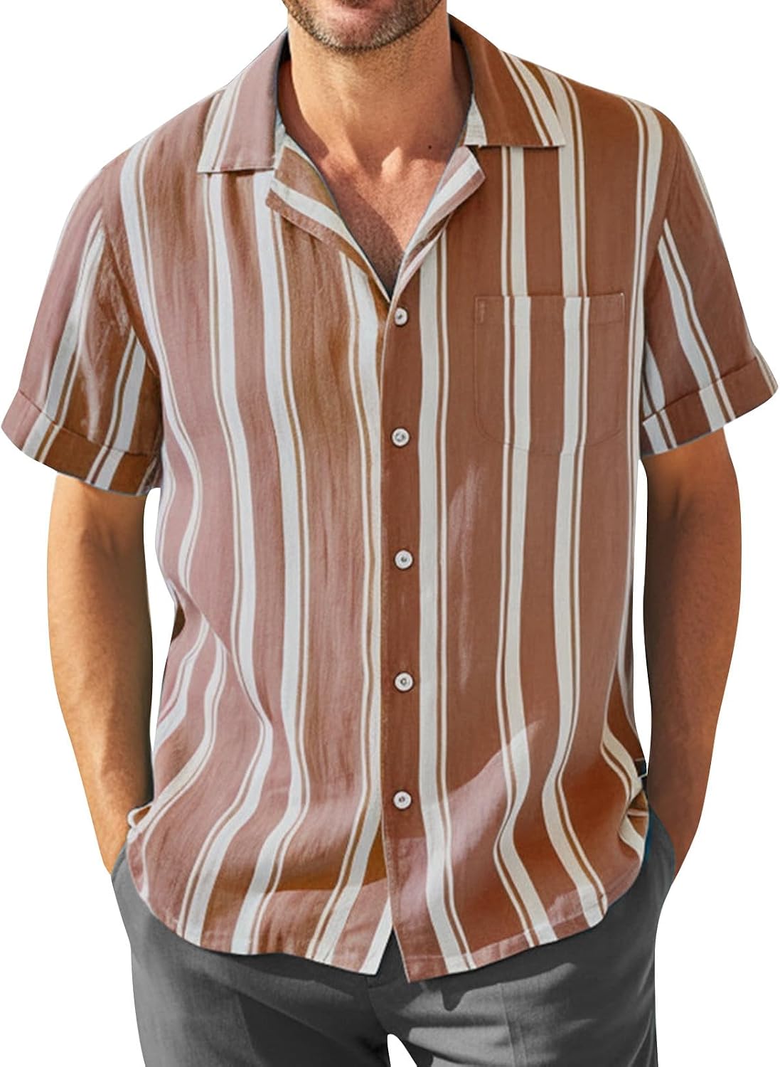 Ymosrh Men's Shirts Striped Short Sleeve Summer Hawaiian Beach Vacation Shirts, M-4XL