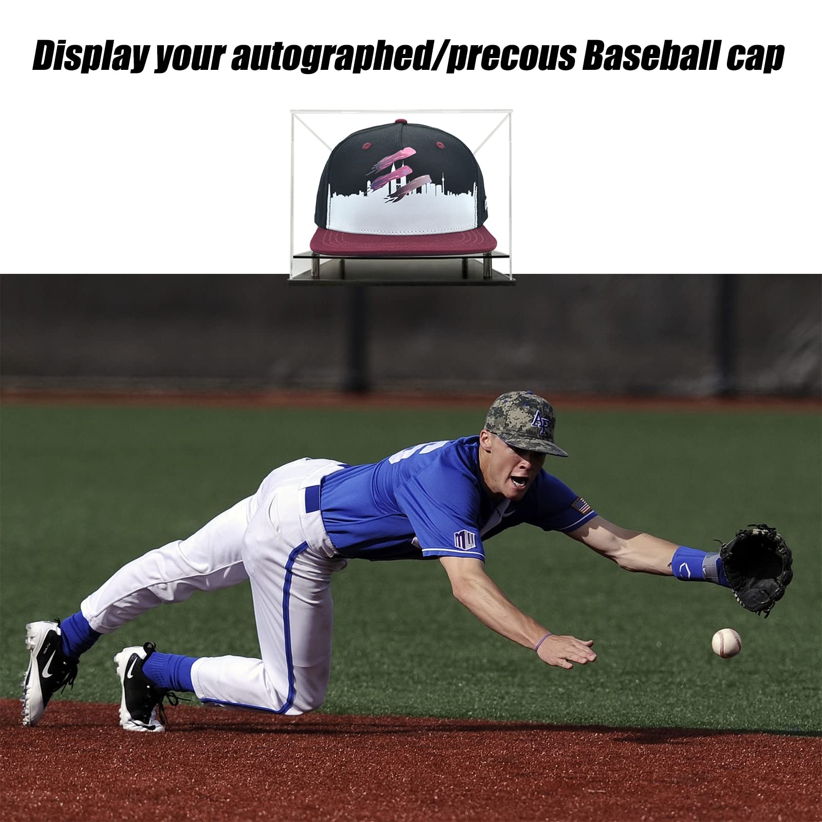 Vitrina transparente para béisbol, soporte acrílico para gorras de béisbol, fútbol o gorras Snapback, mini casco. Vitrina de gorra de béisbol con base de metal (montable)