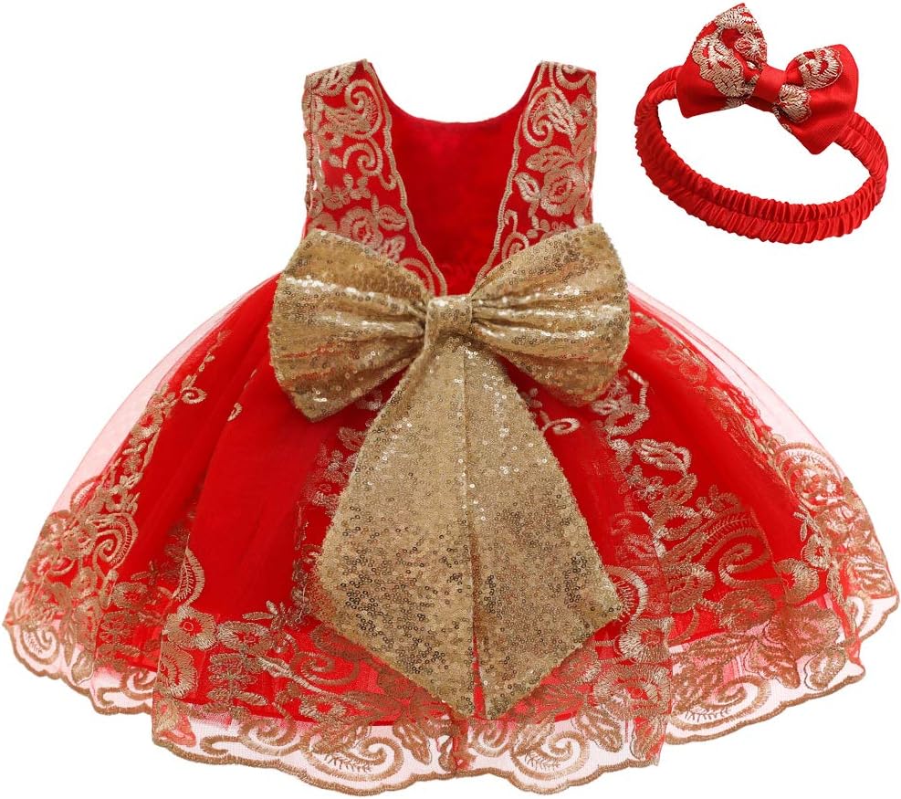 0-6T Big Bowknot Sequins Embroidered Lace Party Tutu Gown Toddler Baby Girls Dress with Headwear