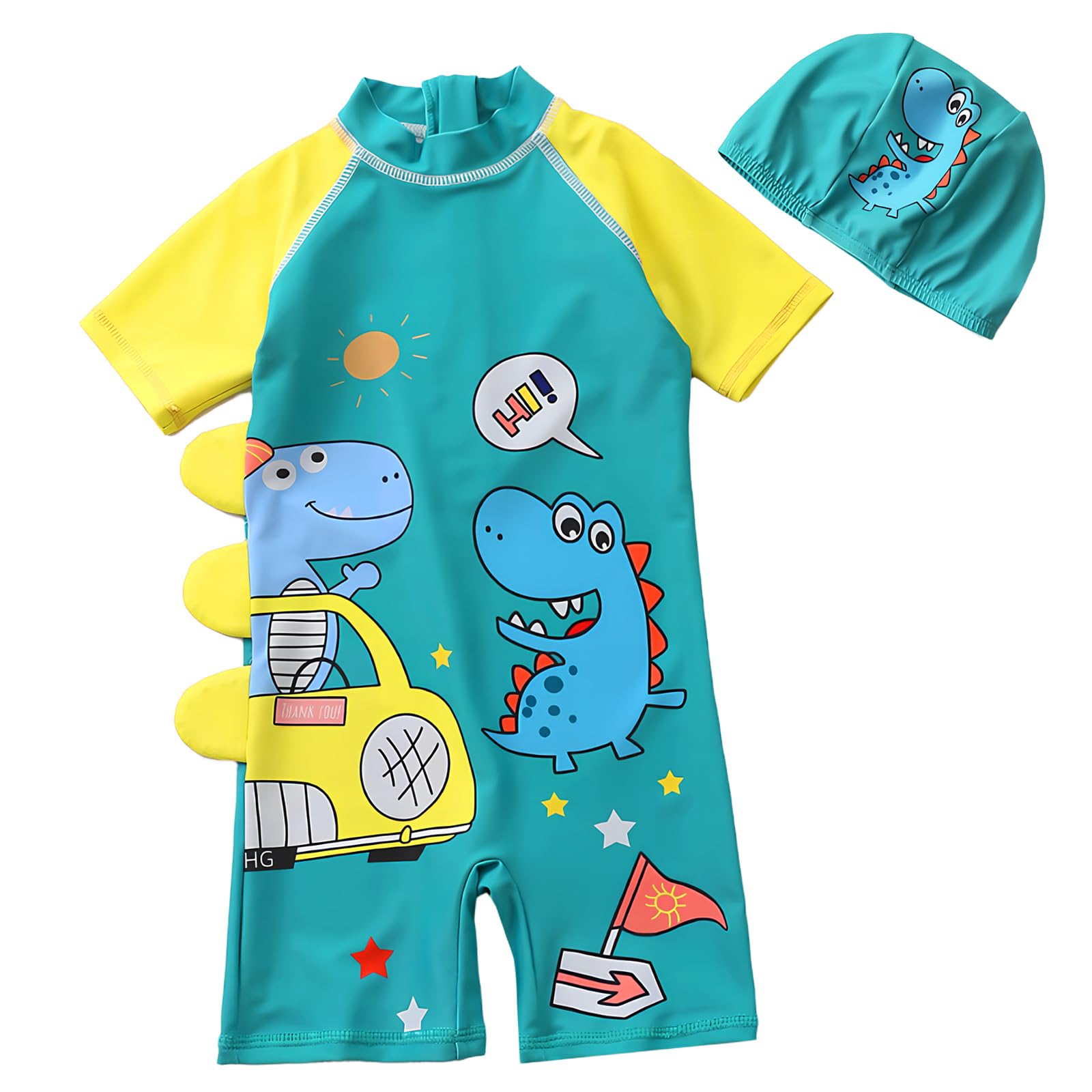 dellyy Bañadores de Una Pieza Niño UV 50+ con Gorra, Traje de Baño Niño de Manga Corta con Cremallera y Botones a Presión, Bañador Bebé Protección Solar para Playa y Piscina