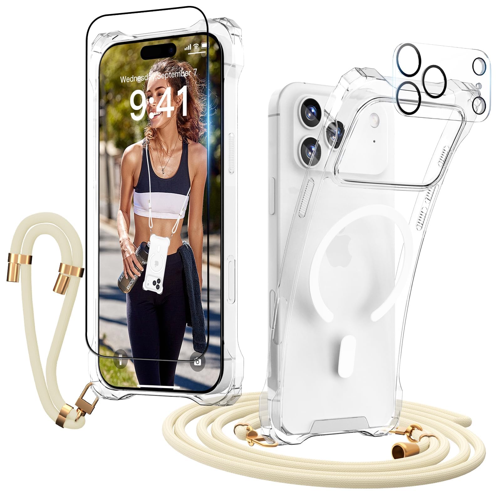 GUtttGU Handyband Abnehmbar für iPhone 17 Pro Max Hülle mit Band, Beige Langes Band zum Umhängen & Kurzkordel Handgelenk, Transparent Handyhülle Kompatibel mit Magsafe + Schutzfolie + Kameraschutz