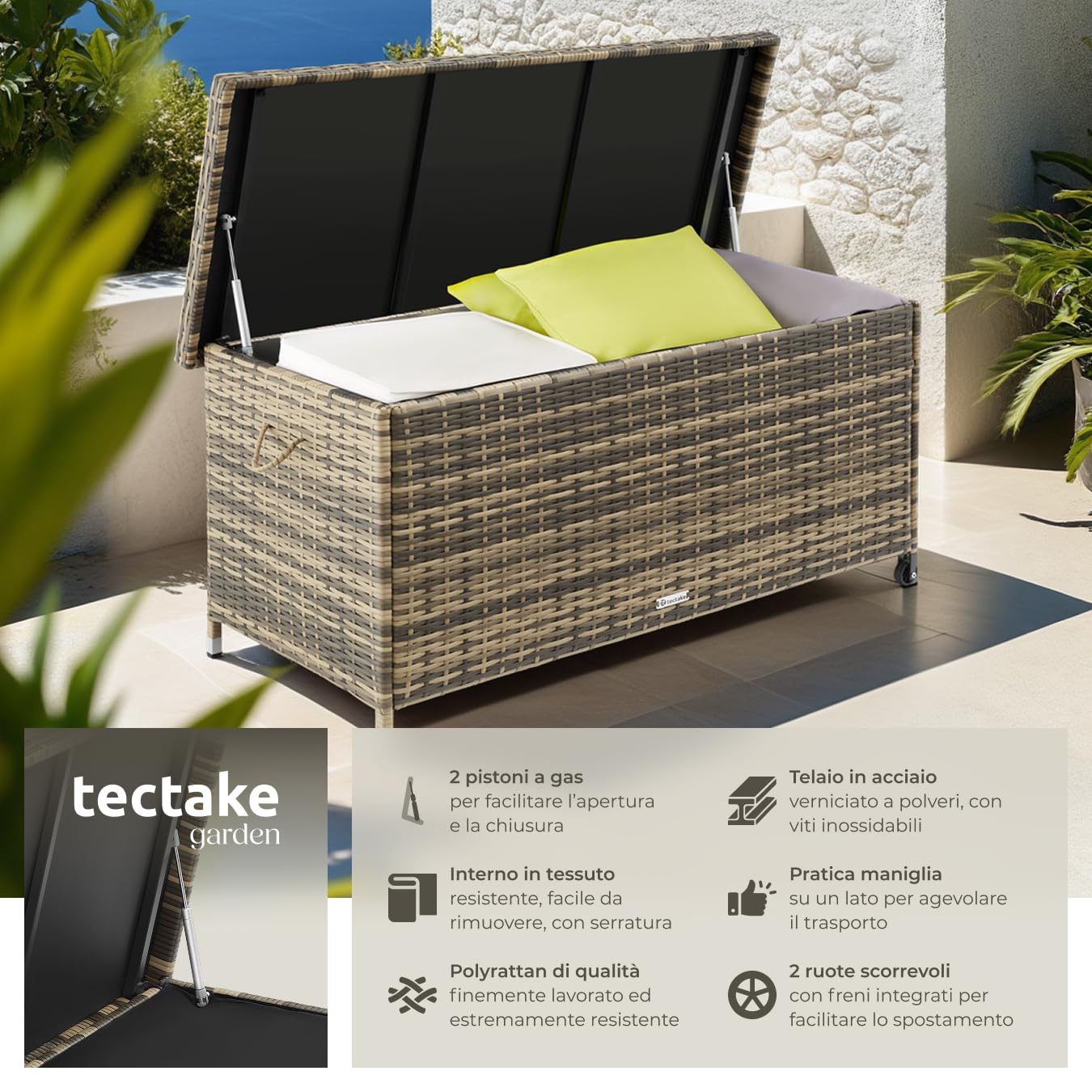 tectake Box Contenitore da Esterno Acciaio Polyrattan 120x55x61,5cm 270 L