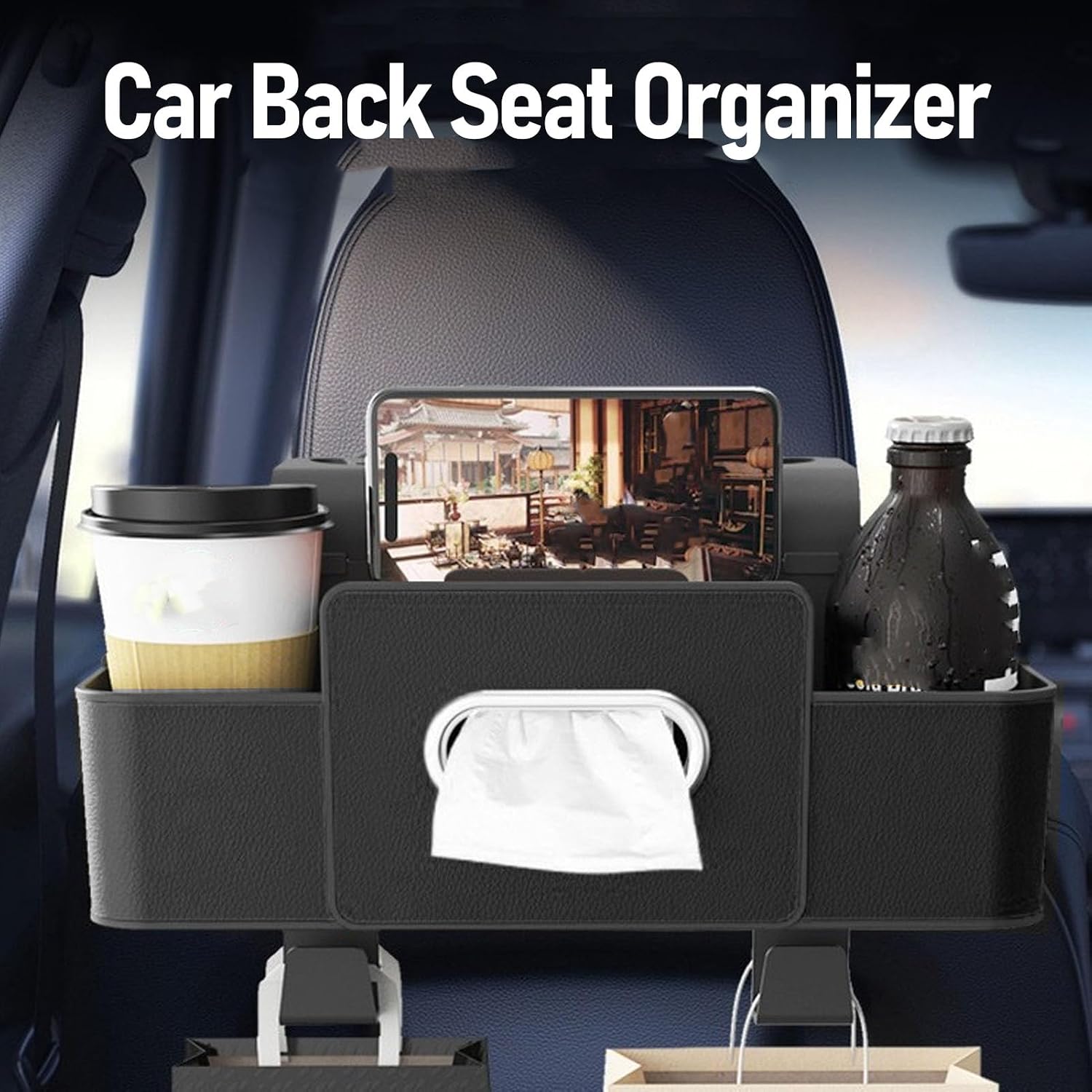 Car Back Seat Organizer with Tissue Box,Phone Holder,Bottle Holder, Hooks for Car Seat Back image 3