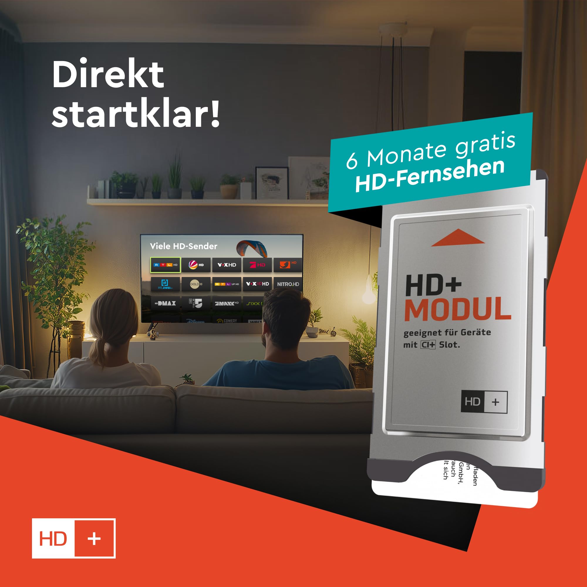 HD+ Modul für Satelliten-TV CI+ | inklusive 6 Monate HD+ Sender-Paket | 25 Private Sender, 3 UHD-Sender, 70 frei empfangbare Programme | kein ABO | kompatibel mit Fernseher oder Sat-Receiver