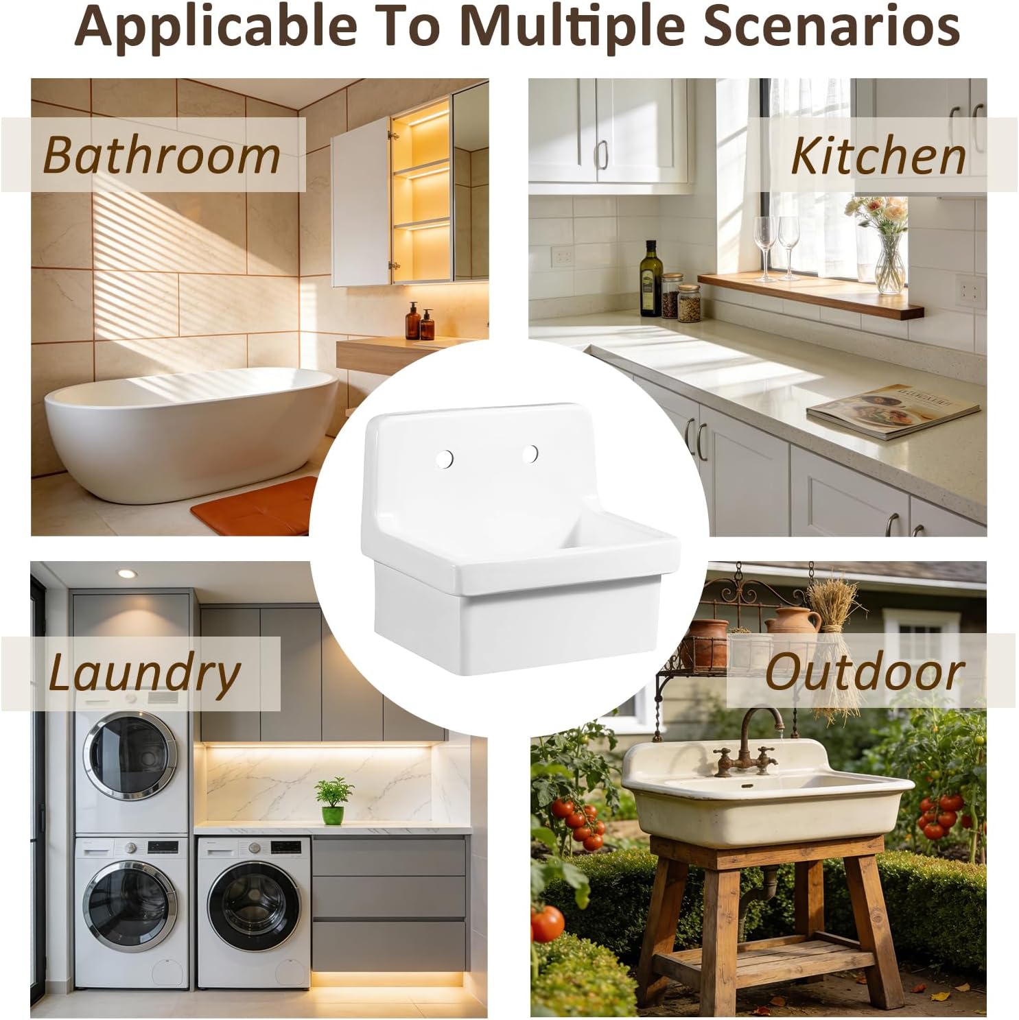 21 Inch Wall Mount Utility Sink, High Back Farmhouse Sink, White Ceramic Bathroom Sink Above Counter, Floating Porcelain Laundry Tub for Kitchen, Bathroom, Garage (21.3" x 16.2")