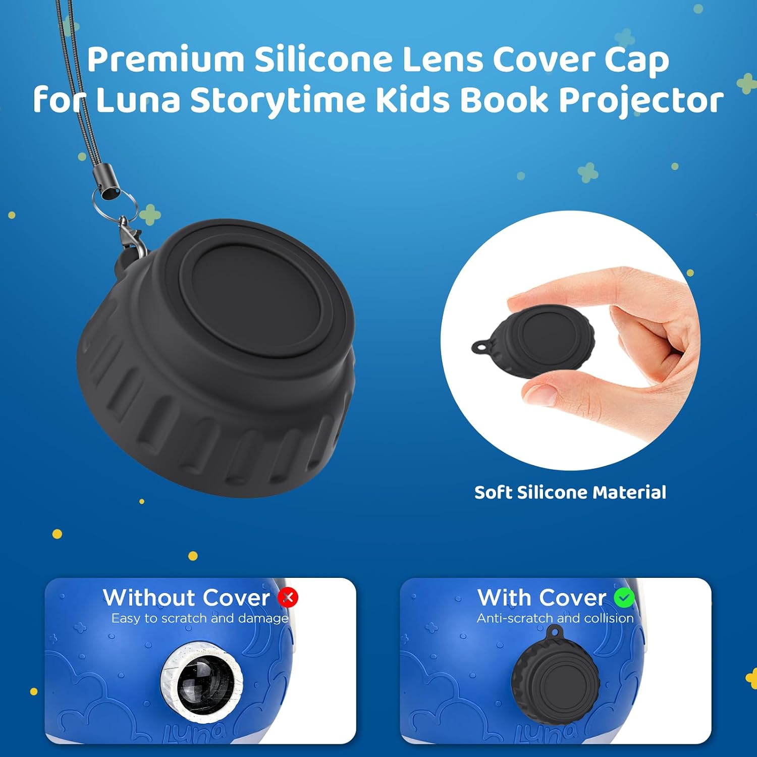 for Luna Storytime Kids Book Projector Lens Cover Cap, Anti-Scratch Waterproof Dustproof Protection Case Compatible with Luna Storytime Projector, Silicone Lens Protector with Keeper Leash (Black) image 2