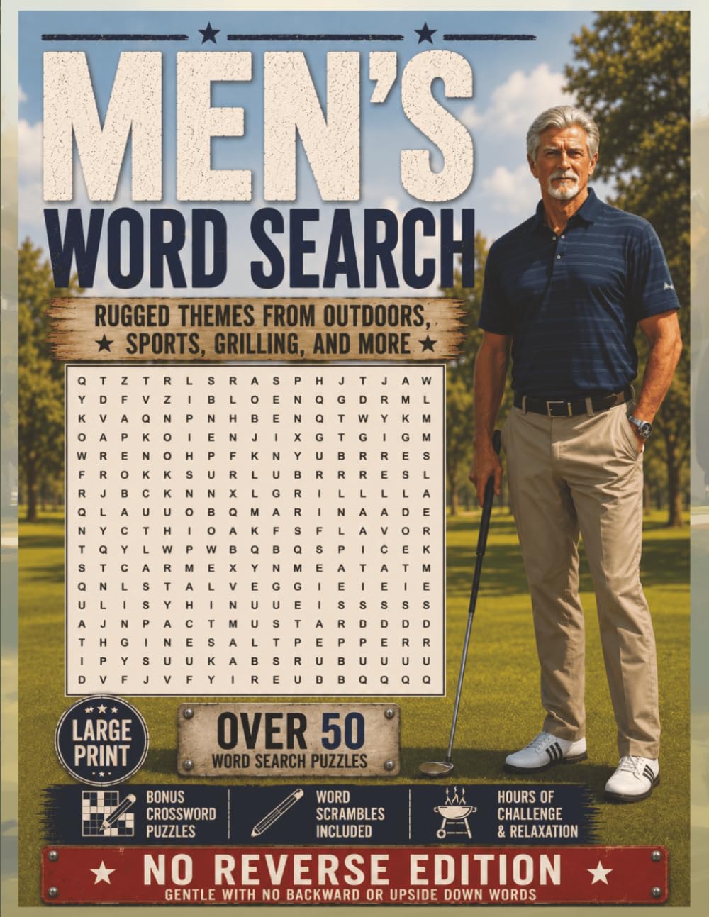 Men’s No Reverse Word Search: Over 50 Large Print Gentle Puzzles • No Backward or Upside-Down Words • Includes Bonus Word Scrambles | Rugged Themes, ... Sports, Cars, Fitness, and Outdoor Hobbies