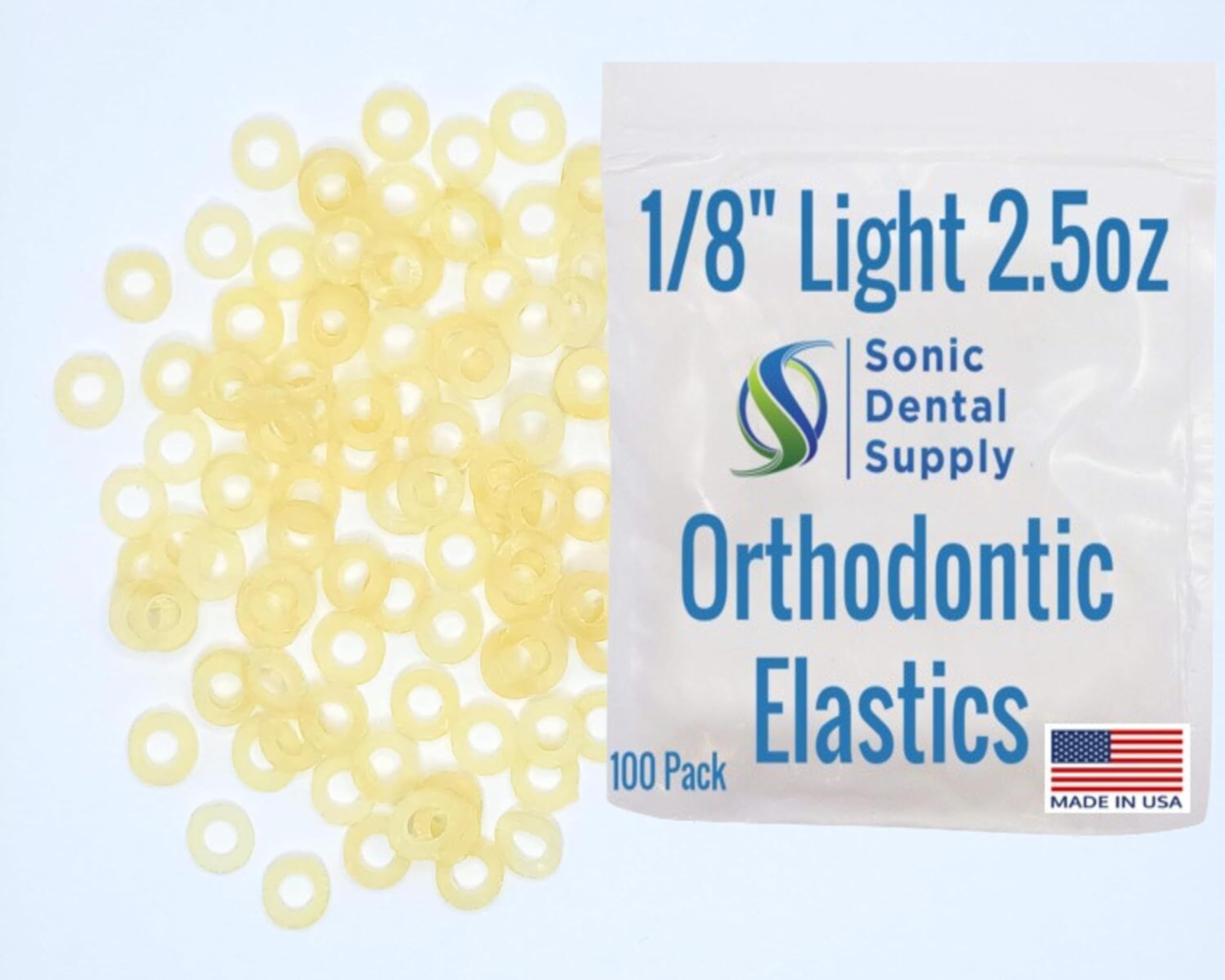 1/8 Inch Light 2.5 oz - Orthodontic Elastic Rubber Bands - 100 Pack - Natural Latex, Rubberbands, Braces, Dreadlocks Hair Braids, Tooth Gap, Packaging, Crafts - Sonic Dental - Made in USA…