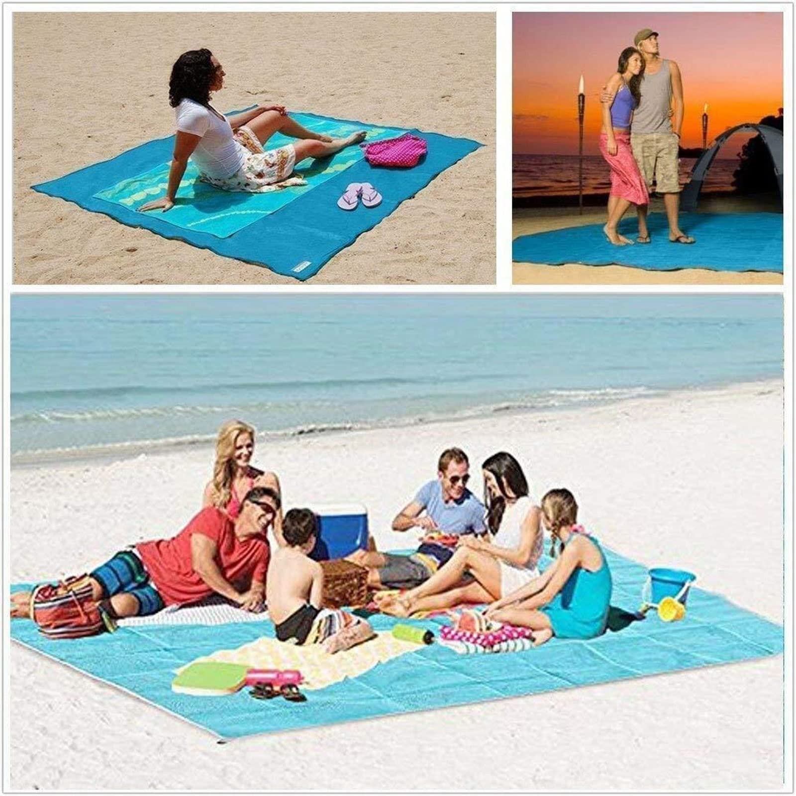Błękitny koc plażowy bez piasku, wodoodporna mata kempingowa, składany materac podróżny na zewnątrz (200 x 200 cm) – idealny na piknik, festiwale i rodzinne przygody.