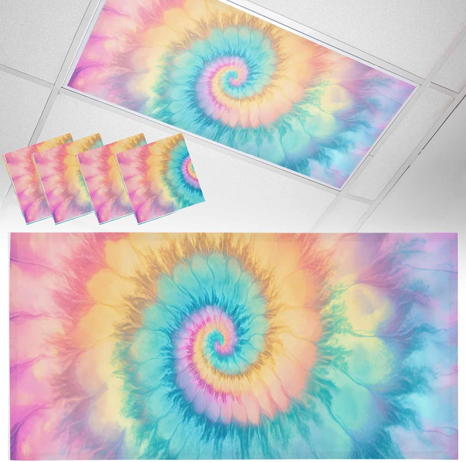 4 Pack Fluorescent Light Cover 4x2 Feet, Colorful Tie Dye Lights Filters Drop Fluorescent Lights Shade Panel, Rainbow Ombre Abstract Pattern Art Magnetic Ceiling Classroom Light Cover for Office