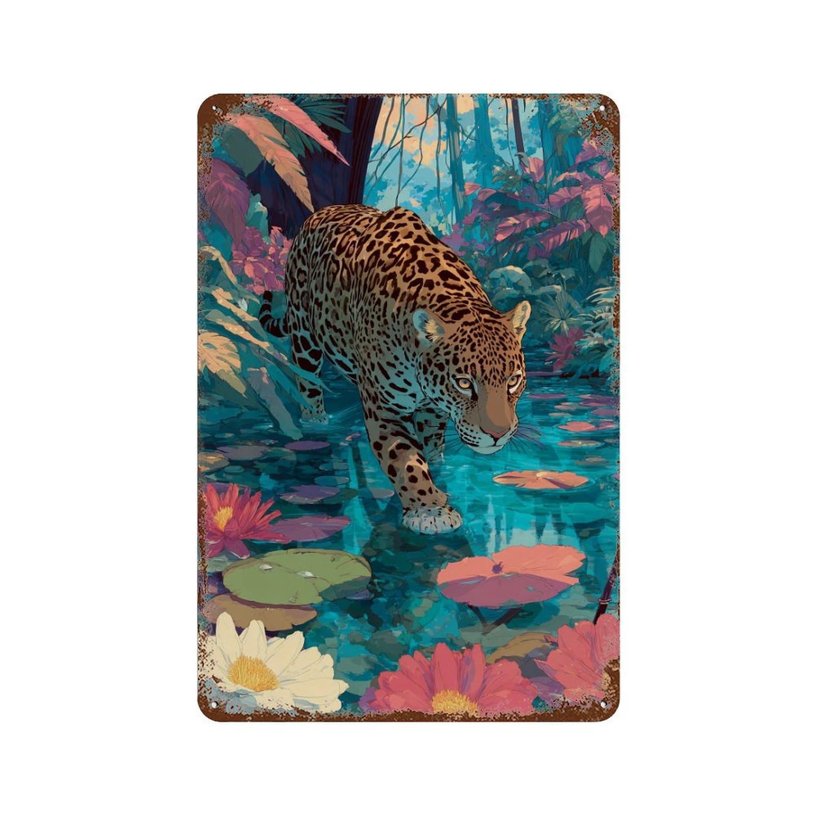 Jaguar in Amazon Rainforest Rustic Tin Plaque 11.8"x7.9", Ideal for Shed, Workshop And Garage Wall Decor