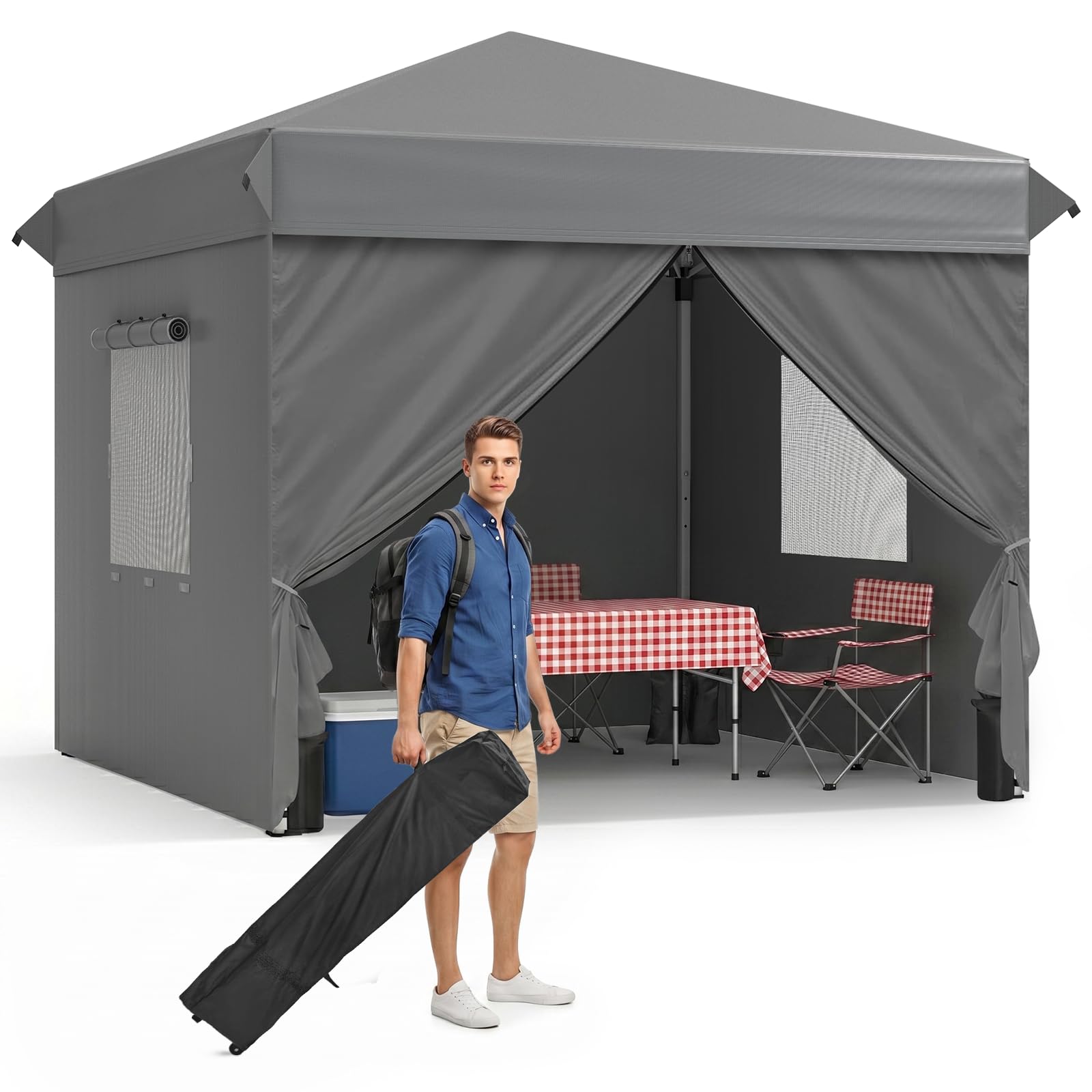 Gazebo with Sides 3m x 3m, 2 Mesh Windows & 4 Roll Bags Carry Bag, Heavy Duty Steel Frame Gazebo Waterproof Event Shelter Canopy Wedding Party, Tent Pop Up Gazebo with Sides 3 x 3m
