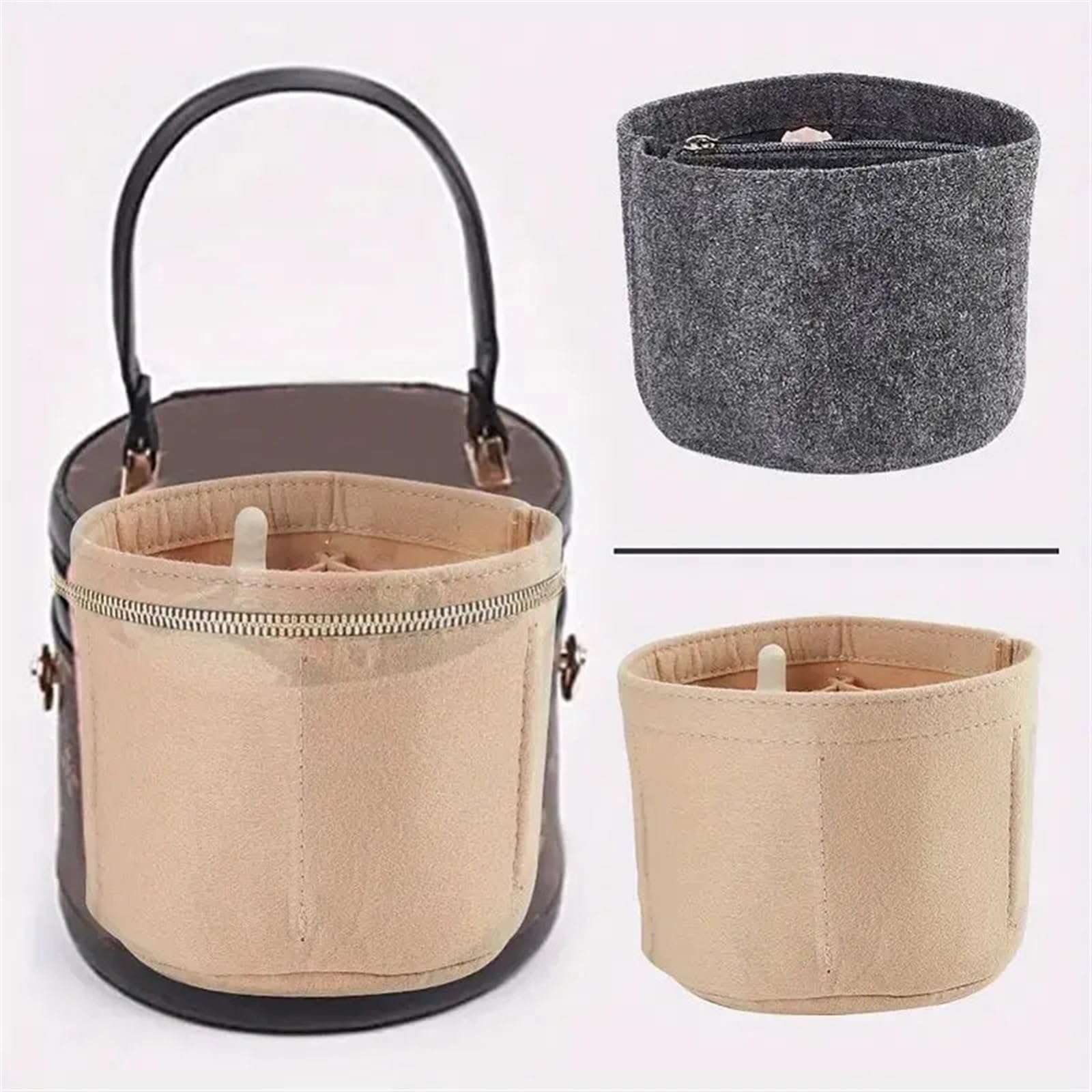 Organizador de bolso tela fieltro, bolsa inserción, organizador portátil, cilíndrica multifuncional, accesorios, 2 uds para Bolso con Cremallera(Gray)