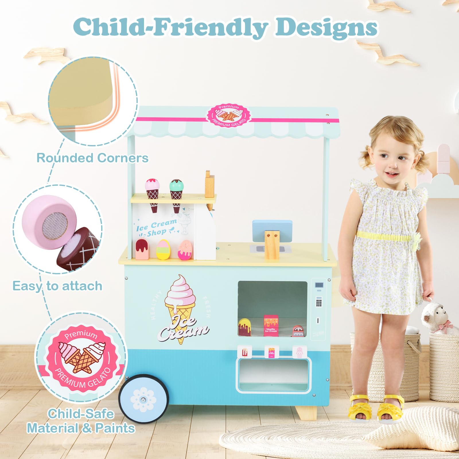 HOMASIS Carrito de Helados de Madera con 15 Accesorios, Juego de simulación con máquina expendedora, Expositor, Pantalla, Heladería con Ruedas y toldo para niños de 3+ años, 75,5x31x88cm (Verde)