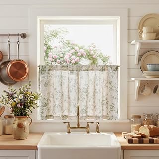 jinchan Floral Linen Kitchen Tier Curtains, 24 Inch, 2 Panels, Green