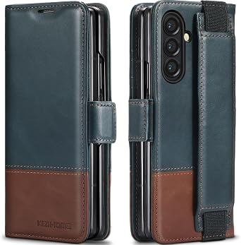 KEZiHOME for Samsung Galaxy Z fold 7 Case, Wallet Case with Card Holder[RFID Blocking], Genuine Leather for Z Fold 7, Kickstand Protactive Flip Phone Cover 5G Navy Blue/Brown