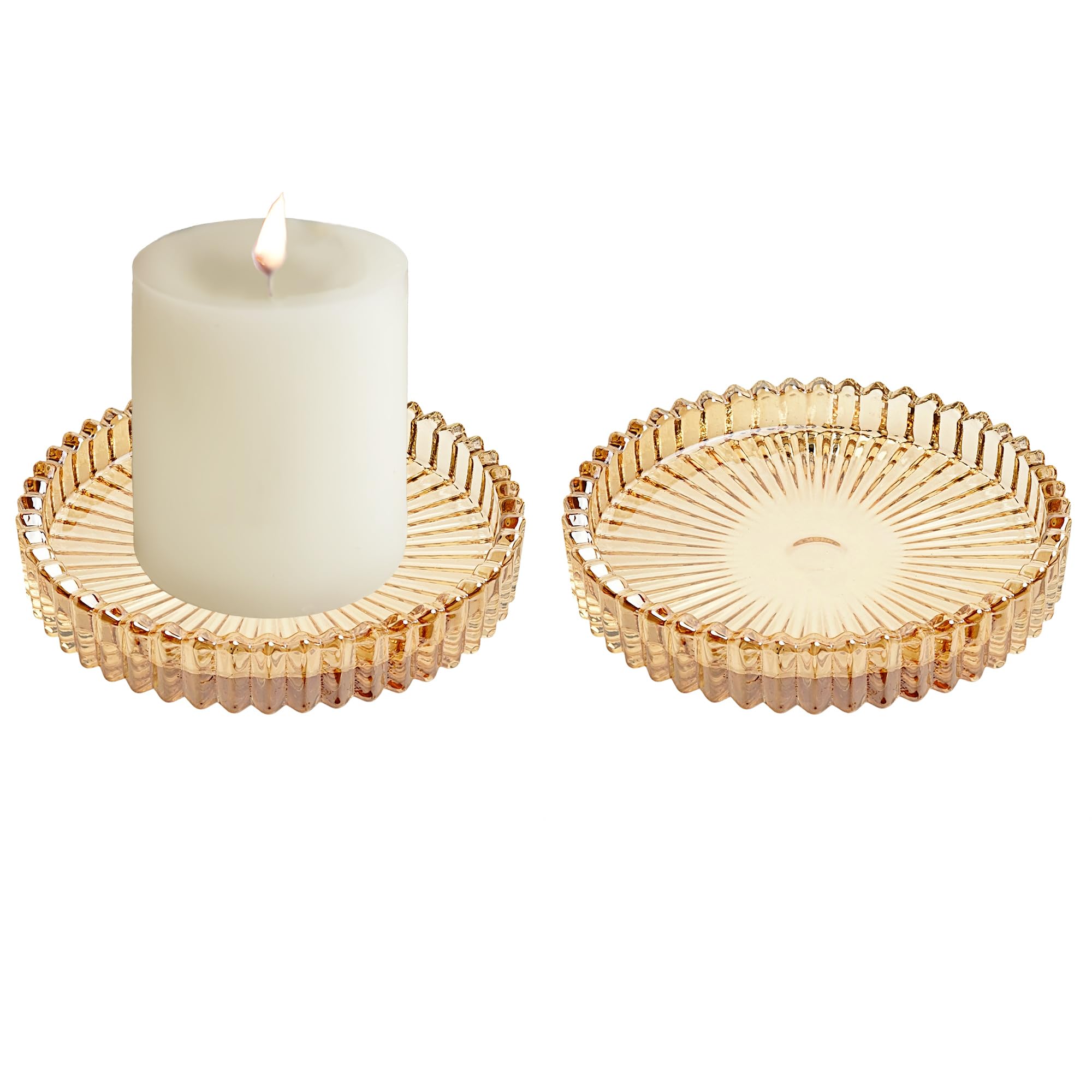 ECHFSM 3.8 Inch Amber Glass Pillar Candle Holder Plates Set of 2 Coaster Holder Round Candle Stand for Table Centerpieces, Wedding,Party,and Home