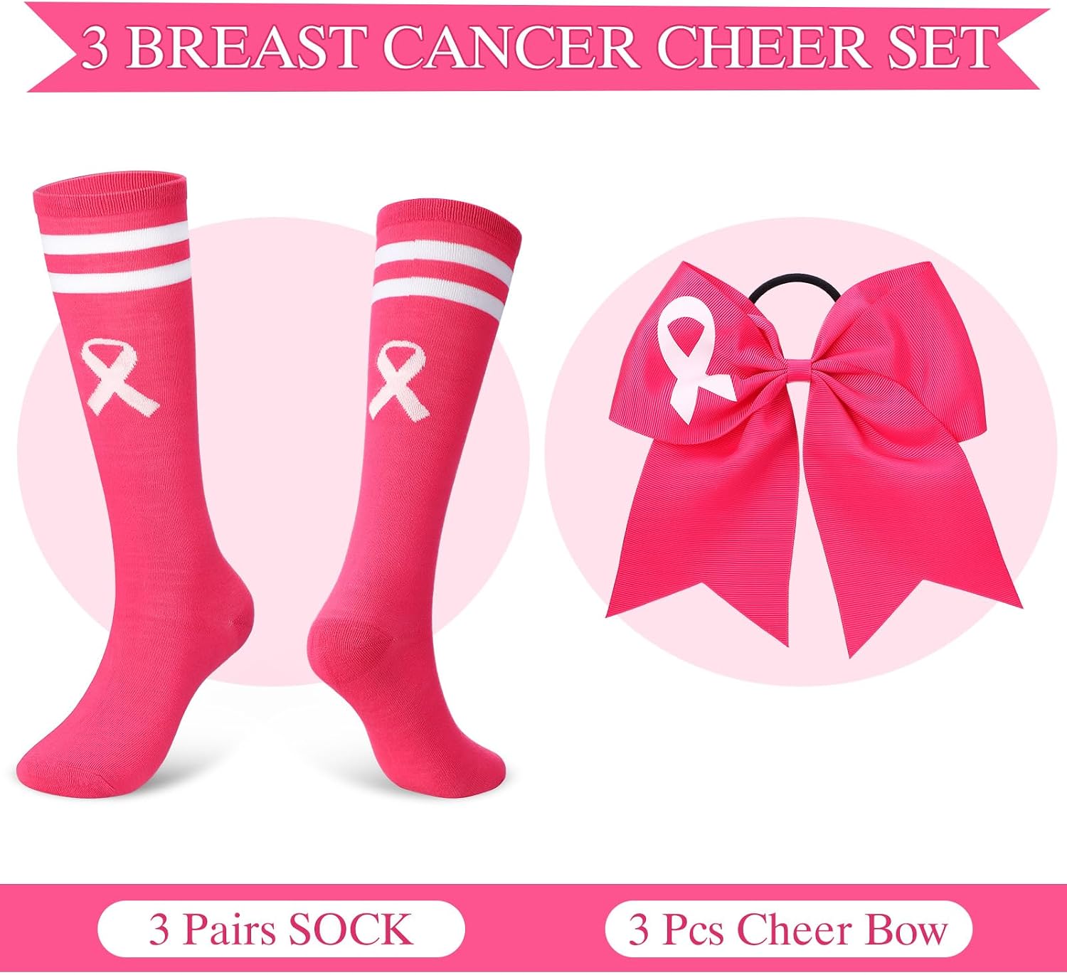 Zoooyawn Breast Cancer Socks Bows Set for Cheerleader, Pink Cheer Awareness Socks Cheerleader Bows Gifts