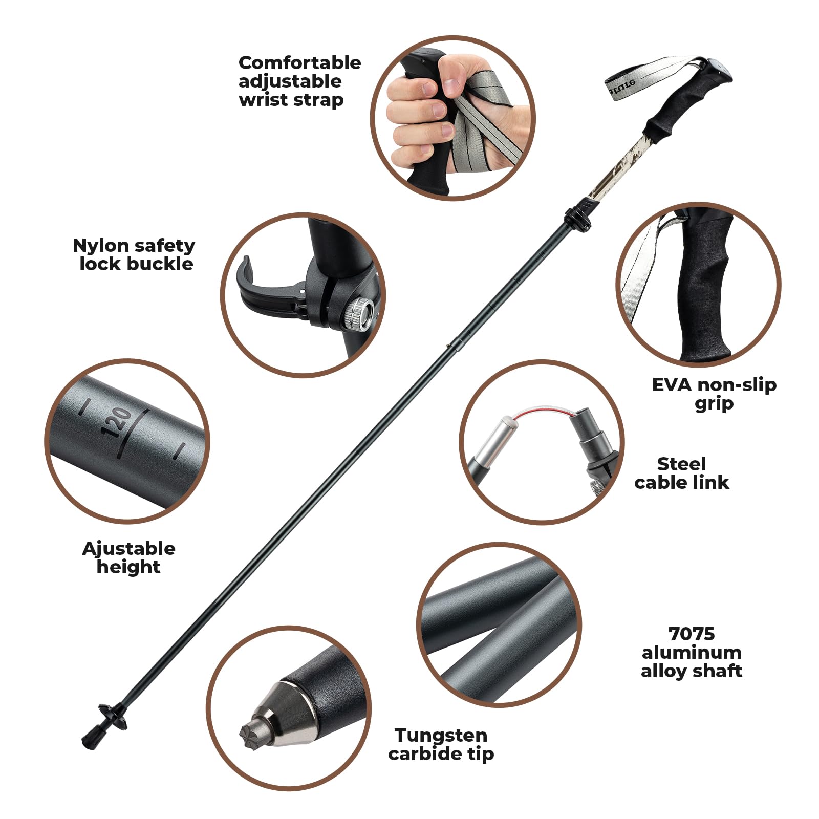 Kije Trekkingowe Lekkie, Składane Kije z Aluminium 7075 110-130 cm dla Kobiet i Mężczyzn, Sprzęt Turystyczny, Wędrówki, Kemping, Wspinaczka Górska, Trekking