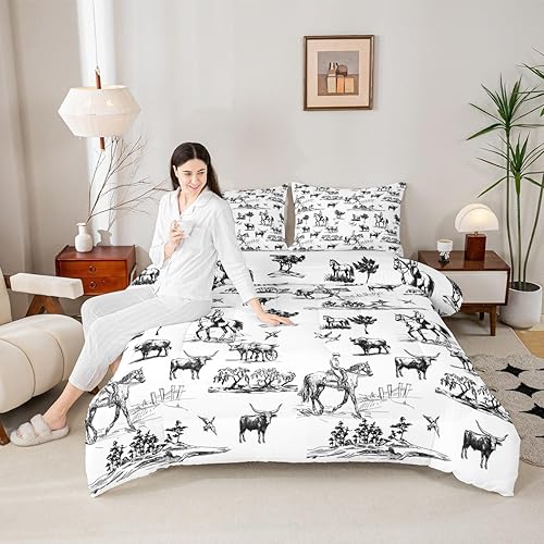 Miniatura 1 de Juego de edredón occidental, tamaño matrimonial, juego de ropa de cama de vaca y caballo, 3 piezas, diseño de animales de granja para niños, niñas y