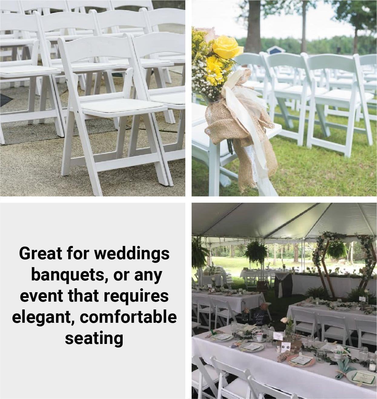 TentandTable White Resin Folding Chairs - Set of 2 Lightweight Stackable Chairs with Padded Seats - Durable 1000LB Capacity - Comfortable Indoor/Outdoor Event Chairs for Weddings, Parties, and More
