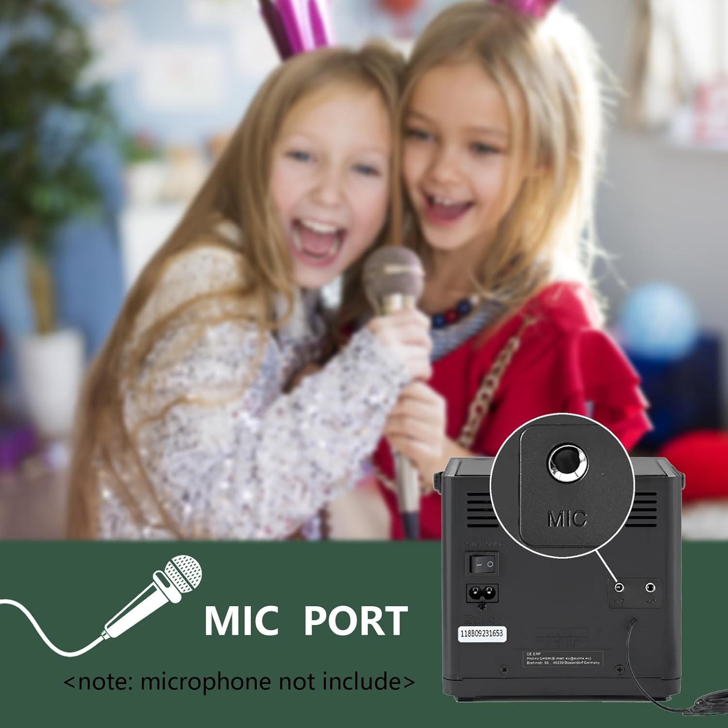 Close-up of the microphone port on the rear of the LONPOO LP-118W Boombox with children singing in the background