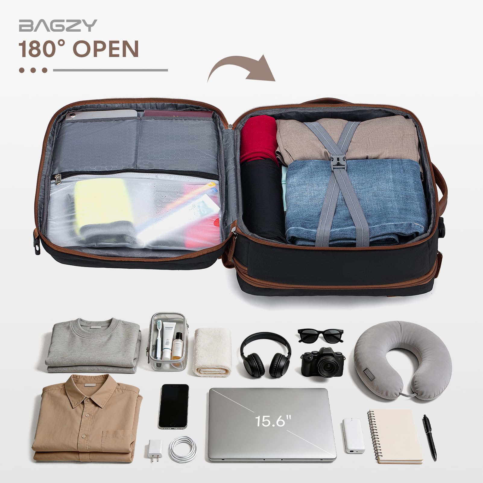 BAGZY Zaino da Cabina 40x30x15 cm Espandibile fino a 40x30x20 cm – Conforme a Ryanair, Wizz Air, British Airways, Air France, porta PC 15.6 Pollici, USB, Impermeabile, Leggero per Lavoro e Viaggi