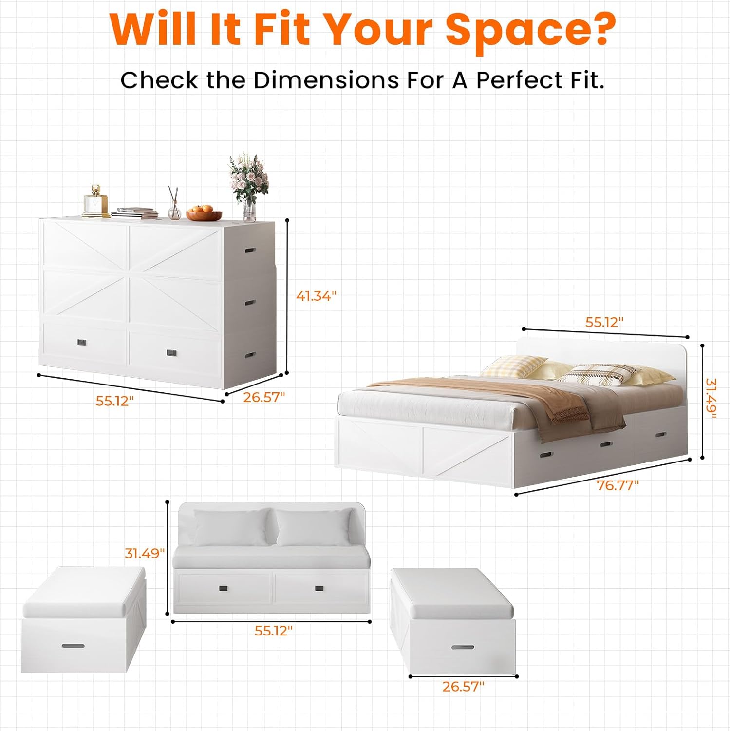 CECER Full Size Murphy Bed with Mattress Include，Murphy Bed Full with Storage Drawers，Multi-Functional Desgin that Converts to Sofa Set for Small Spaces/Guest Room/Bedroom（White）