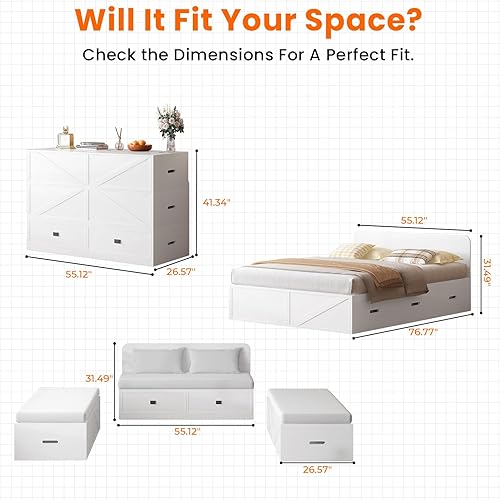 Miniatura 3 de ijuicy Cama Matrimonial Murphy 4 en 1 con colchón incluido y cajones extragrandes, cama multifuncional que se convierte en sofá para espacios