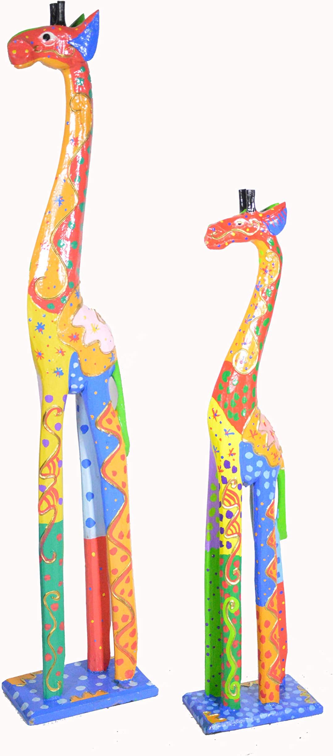 WorldBazzar Set of 2 Hand Carved Wooden Family African Baby Giraffe Statues Sculptures Colorful Rainbow