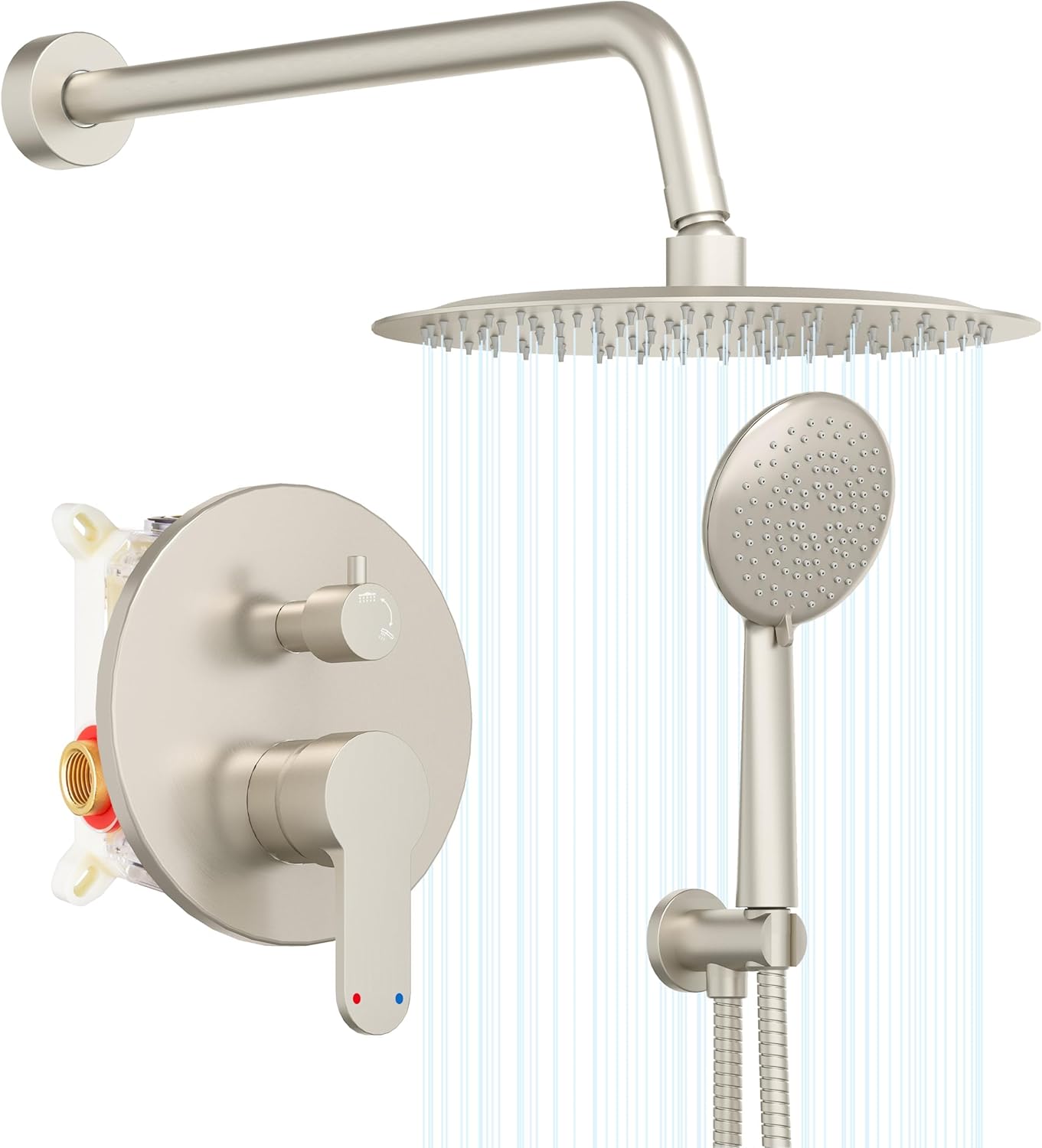 Gabrylly Shower Faucet Set, Shower System with Pressure Balance Shower Valve, 12" Rain Shower Heads with Handheld Spray, Wall Mounted Shower Fixtures, High Pressure Shower Head Set, Brushed Nickel