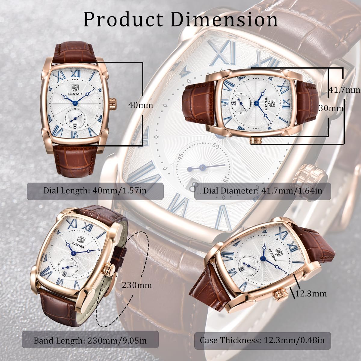 BENYAR Rectangle Wrist Watch for Men with Leather Strap, Men's Retro Fashion Casual Classic Watches Perfect Gifts for Friend - Image 6
