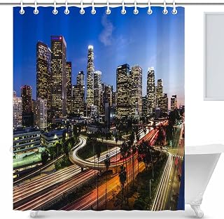 Los Angeles Waterproof Shower Curtain Set with Hooks Los Angeles at Night Multicolor Bathroom Shower Curtain Set with Hooks Bathroom Décor 60x72 Inch