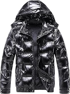 JEsilunmaMY Mens Thermal Shiny Hooded Puffer Jackets Winter Coats Water-Resistant Down Coats Insulated Puffy Padded Coat