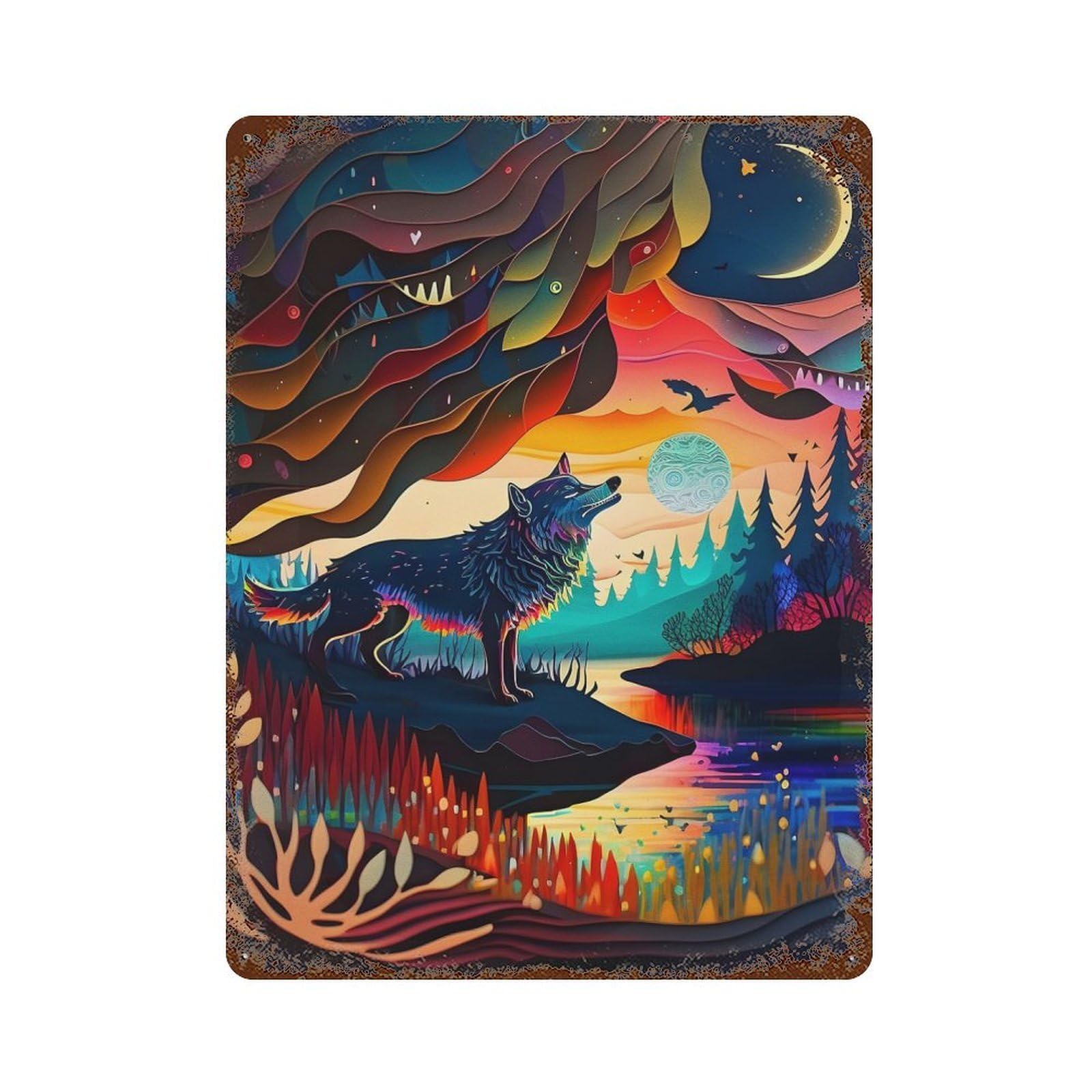 Garage Style Colorful Abstract Wolf Weathered Tin Sign 15.7"x11.8", Classic Wall Plaque for Bar And Workshop