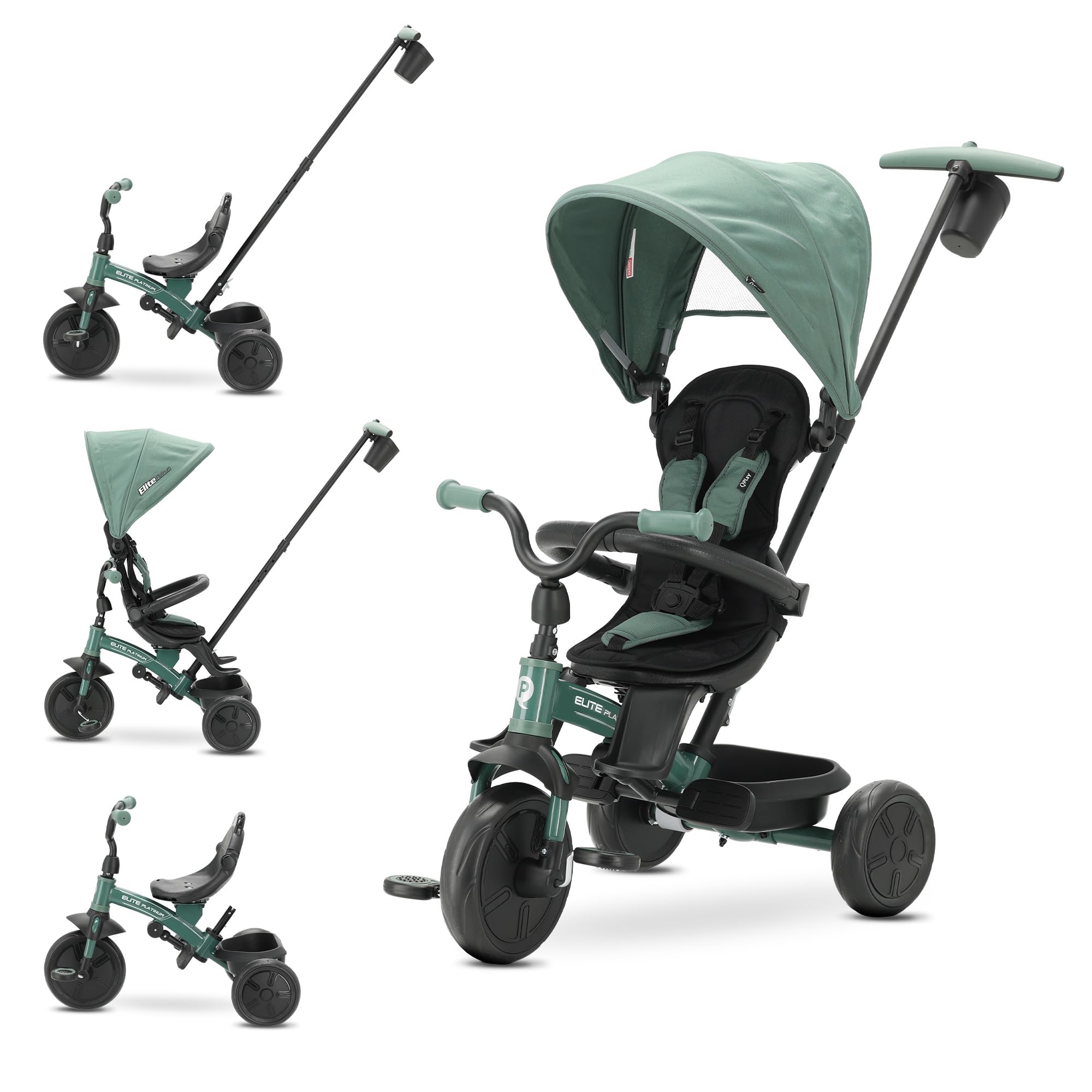 Triciclo Evolutivo QPLAY Elite Platinum 6 in 1 con sedile girevole a 360°, per bambini da 10 a 36 mesi, Maniglione direzionale, Capottina XL, Poggiapiedi e cestino (Verde)
