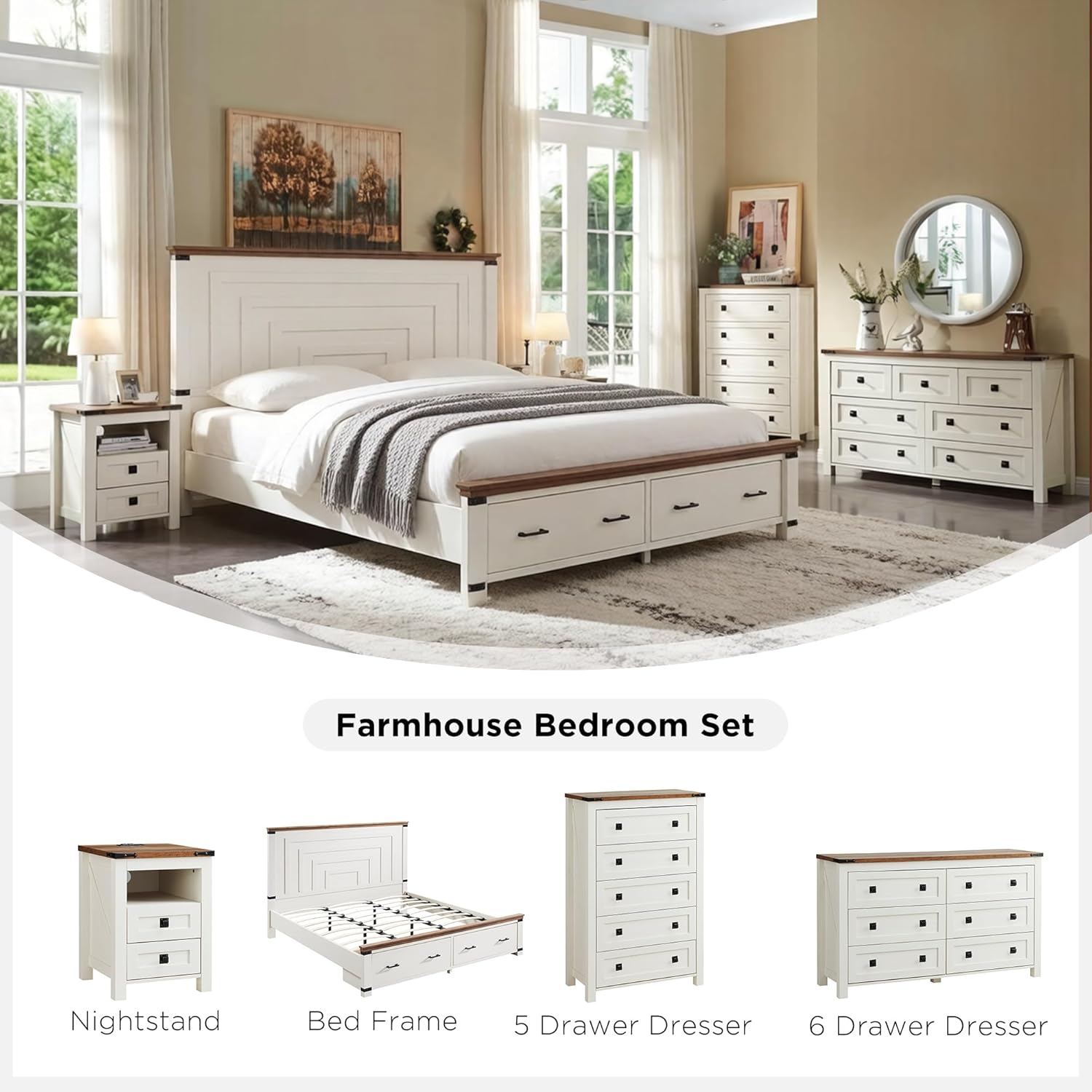 T4TREAM Farmhouse 6 Drawers Dresser for Bedroom, Wood Rustic Wide Chest of Drawers, Storage Dressers Organizer for Bedroom, Living Room, Hallway, Antique White