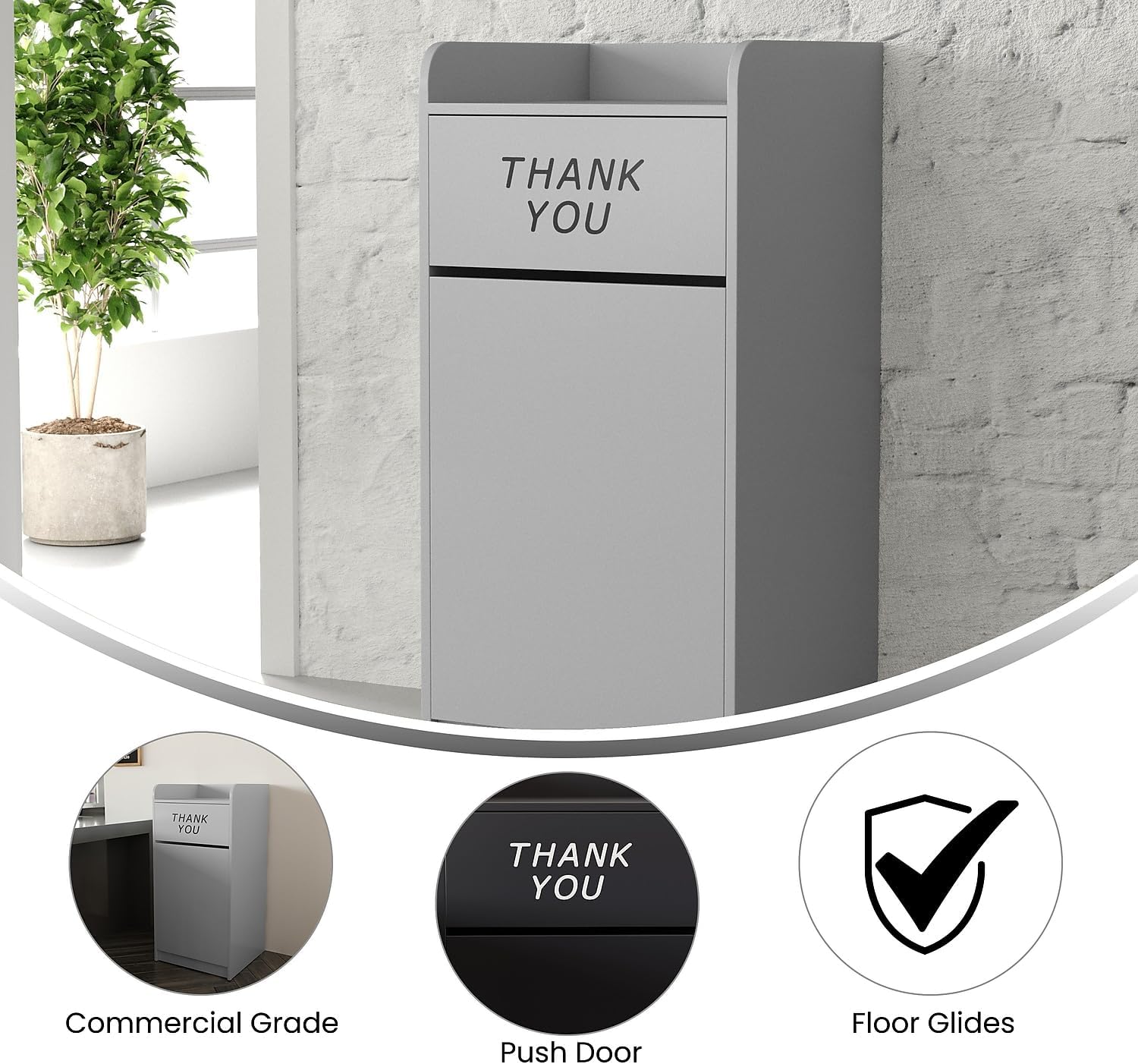 Flash Furniture Sony Laminate Wood Tray-Top Commercial Grade Trash Receptacle in Gray