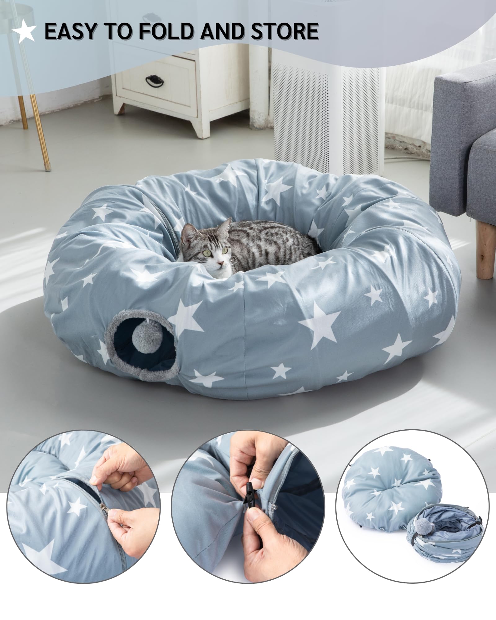 JanYoo Grand tunnel pour chat d'intérieur - Lit en forme de donut avec balle - Pliable - Interactif - Jouet pour chat d'intérieur - Gris